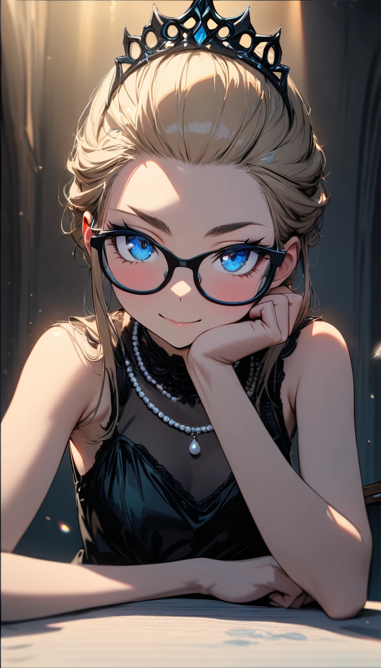 Speedy Shot,(Top quality masterpiece),detailed,ultra detailed,hyper detailed,insanely detailed,Exquisite,Beautiful Full HD,16k,cute,Fantasy,A vibrant academic community,Soft line design,Soft　Surface,Simple line drawing,The best light,Fast Shutter Speed,  depth of border described,Highly saturated colors,BREAK,
(20yo),skinny,flat chested,(forehead,hair slicked back:1.3),Beautiful blonde hair,(blue eyes),(black nodoka glasses),thick bluish eyeshadow, thin eyebrows, thick black eyeliner, Highlighted eyes with eyeliner, false eyelashes,BREAK,
little smile,head rest on the table,((Tiara)), pearl necklace, (sleeveless black evening dress), black detached sleeves,upper body,from below,solo focus,straight-on,Breakfast at Tiffany's