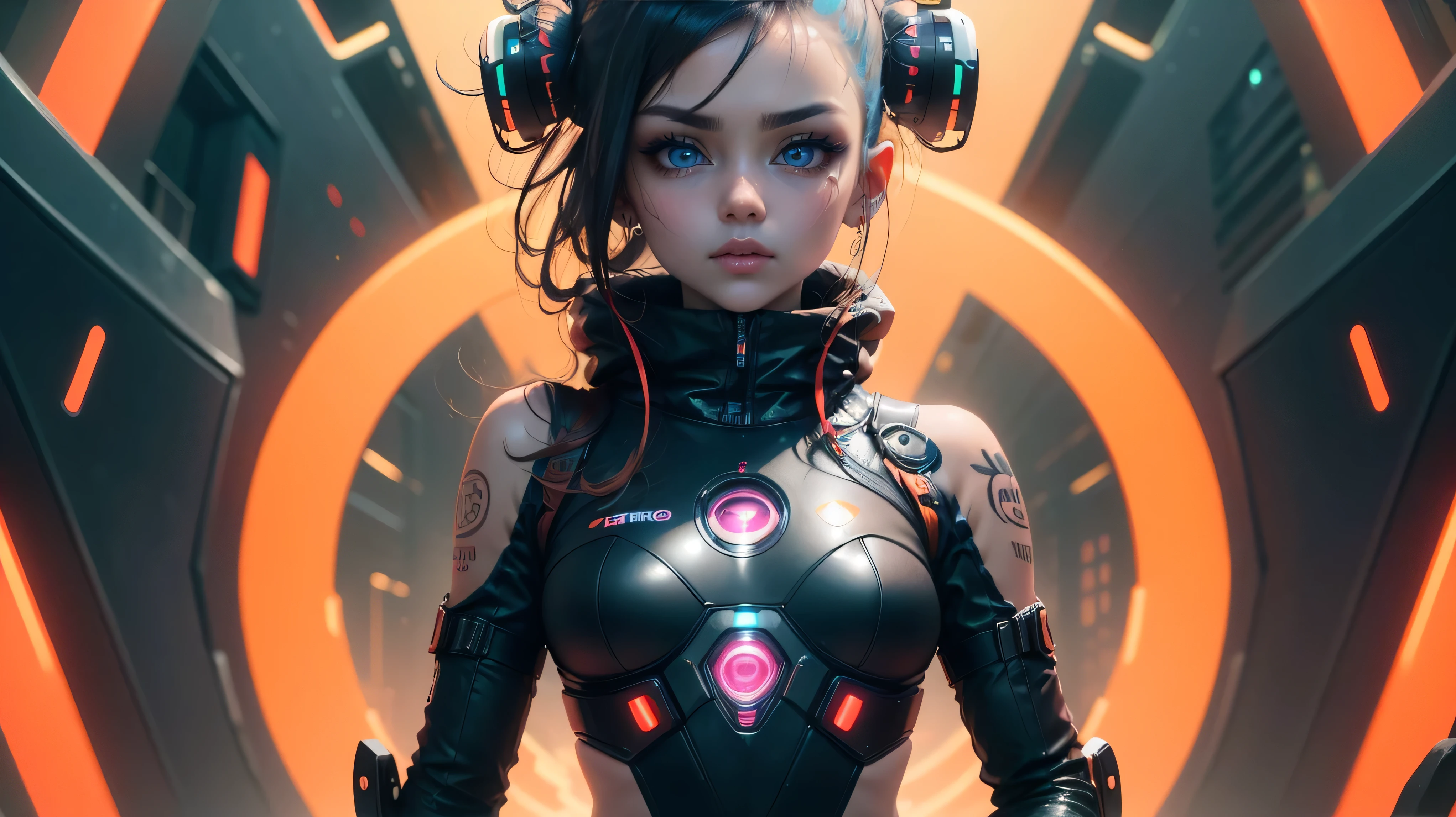 Extraordinary wide angle portrait, cute cyberpunk alien species, beautiful face, seductive, sexy, ((standing in front of futuristic background)), orange tech fashion, professional photography, tech style, 8K HD, Adorable, Cute Tattoos，Cute & Sexy，Body tattoos,