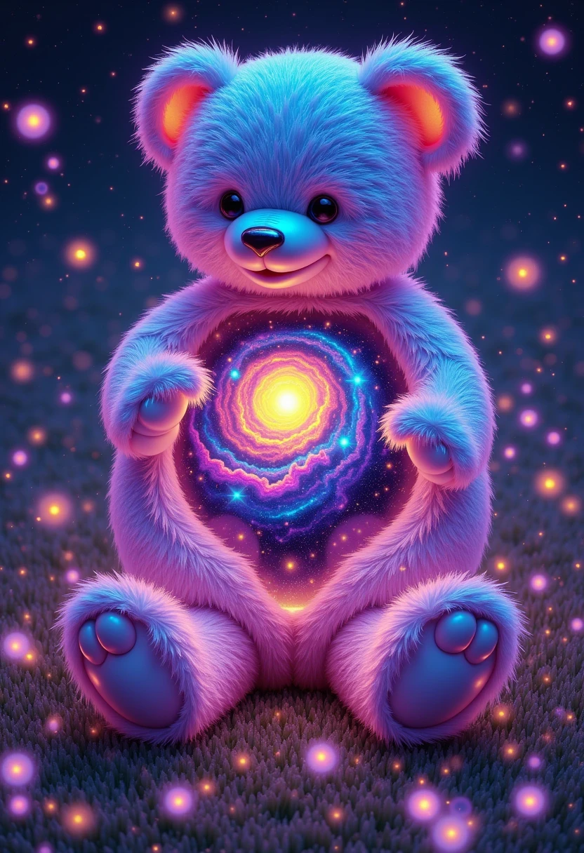  A whimsical, hyperdetailed illustration of a mystical wonderland, reminiscent of the dreamlike quality found in the works of James Gurney, Syd Mead, and Ash Thorp, where a multitude of teddy bears, each approximately 3-4 feet in height, congregate in a lush, iridescent meadow. The teddy bears, crafted with an incredible level of texture and realism, radiate a soft, ethereal glow, as if infused with an inner light, with their plush fur shimmering in a kaleidoscope of neon hues - electric blues, radiant pinks, and sunshine yellows. Upon closer inspection, each teddy bear's body contains a miniature, swirling galaxy, complete with glowing starry night skies, nebulas, and stardust, as if the very fabric of space and time has been distilled within their cuddly forms. The atmosphere is alive with an otherworldly energy, as if the wonderland exists in a state of weightless, perpetual wonder. glowing neon