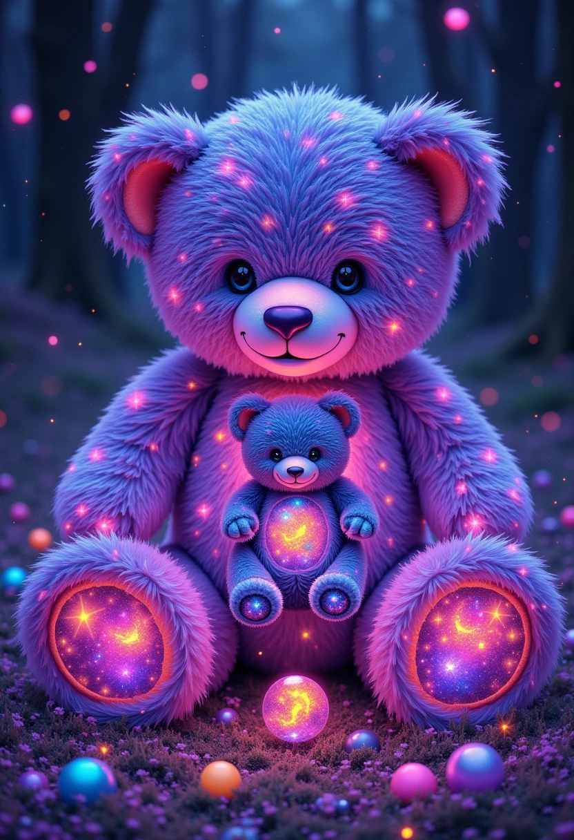  A whimsical, hyperdetailed illustration of a mystical wonderland, reminiscent of the dreamlike quality found in the works of James Gurney, Syd Mead, and Ash Thorp, where a multitude of teddy bears, each approximately 3-4 feet in height, congregate in a lush, iridescent meadow. The teddy bears, crafted with an incredible level of texture and realism, radiate a soft, ethereal glow, as if infused with an inner light, with their plush fur shimmering in a kaleidoscope of neon hues - electric blues, radiant pinks, and sunshine yellows. Upon closer inspection, each teddy bear's body contains a miniature, swirling galaxy, complete with glowing starry night skies, nebulas, and stardust, as if the very fabric of space and time has been distilled within their cuddly forms. The atmosphere is alive with an otherworldly energy, as if the wonderland exists in a state of weightless, perpetual wonder. glowing neon