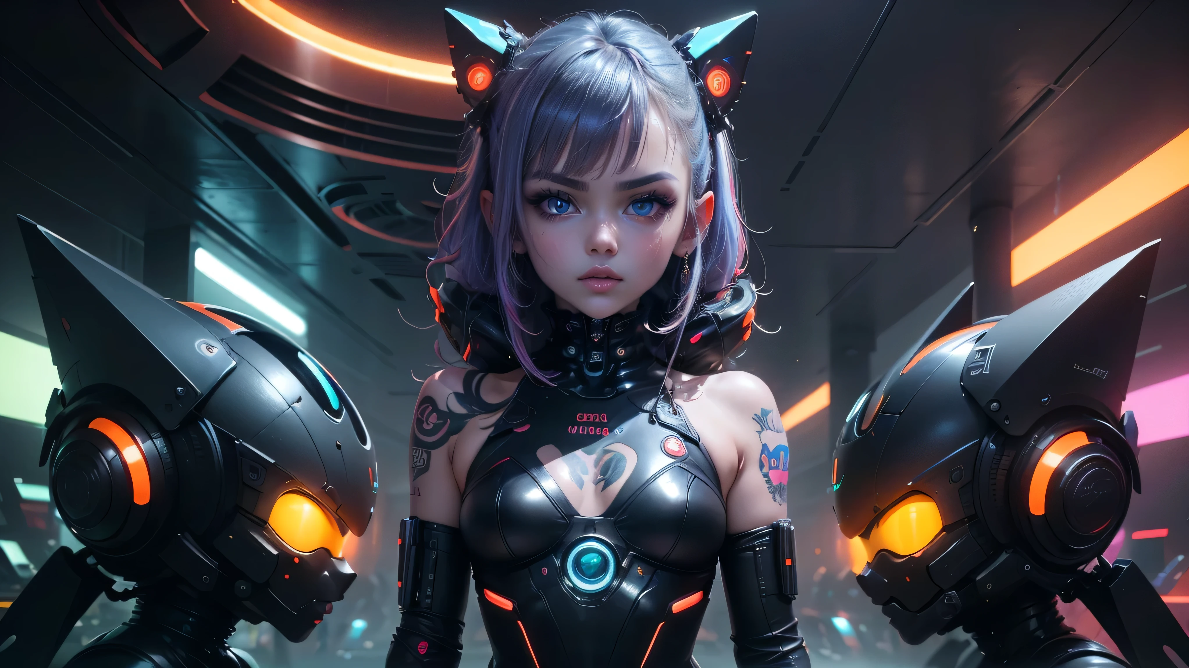 Extraordinary wide angle portrait, cute cyberpunk alien species, beautiful face, seductive, sexy, ((standing in front of futuristic background)), orange tech fashion, professional photography, tech style, 8K HD, Adorable, Cute Tattoos，Cute & Sexy，Body tattoos,