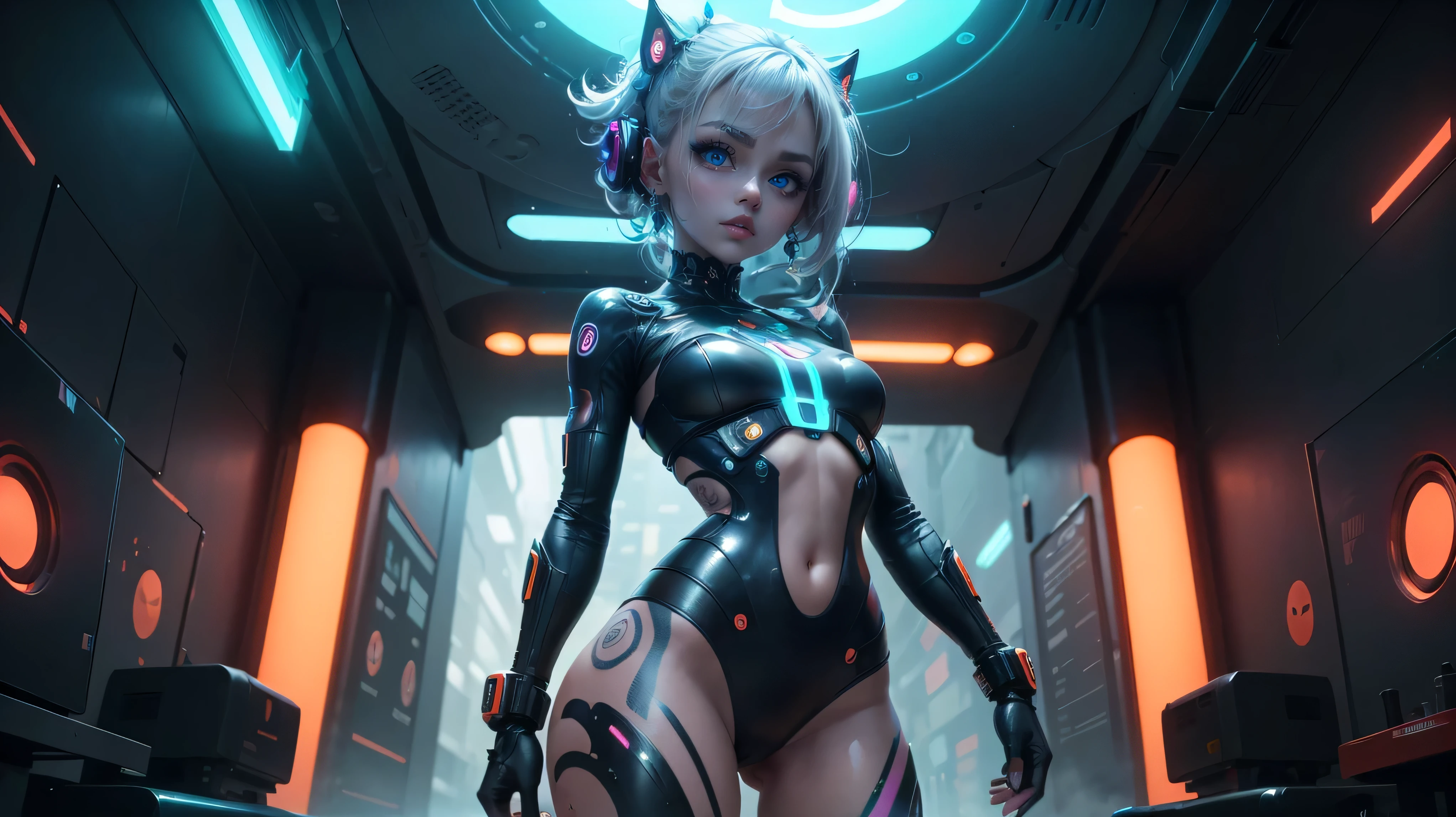 Extraordinary wide angle portrait, cute cyberpunk alien species, beautiful face, seductive, sexy, ((standing in front of futuristic background)), orange tech fashion, professional photography, tech style, 8K HD, Adorable, Cute Tattoos，Cute & Sexy，Body tattoos,