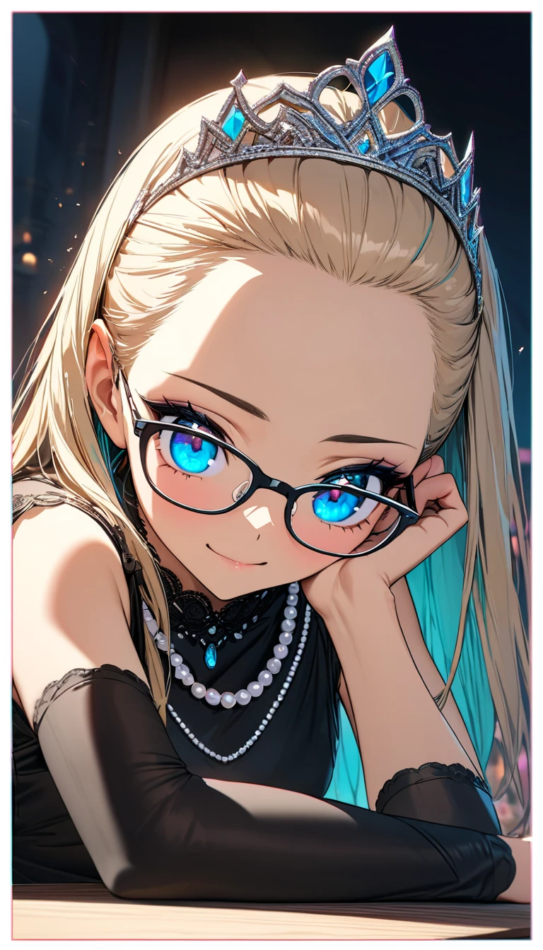 Speedy Shot,(Top quality masterpiece),detailed,ultra detailed,hyper detailed,insanely detailed,Exquisite,Beautiful Full HD,16k,cute,Fantasy,A vibrant academic community,Soft line design,Soft　Surface,Simple line drawing,The best light,Fast Shutter Speed,  depth of border described,Highly saturated colors,BREAK,
(20yo),skinny,flat chested,(forehead,hair slicked back:1.3),Beautiful blonde hair,(blue eyes),(black nodoka glasses),thick bluish eyeshadow, thin eyebrows, thick black eyeliner, Highlighted eyes with eyeliner, false eyelashes,BREAK,
little smile,head rest on the table,((Tiara)), pearl necklace, (sleeveless black evening dress), black detached sleeves,upper body,from below,solo focus,straight-on,Breakfast at Tiffany's