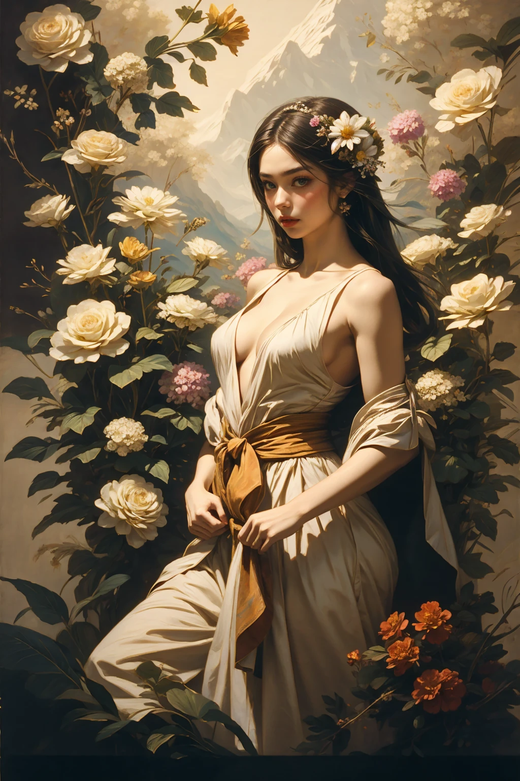 Painting, flowers, small breast, (masterpiece, best quality:1.2), 1girl, solo