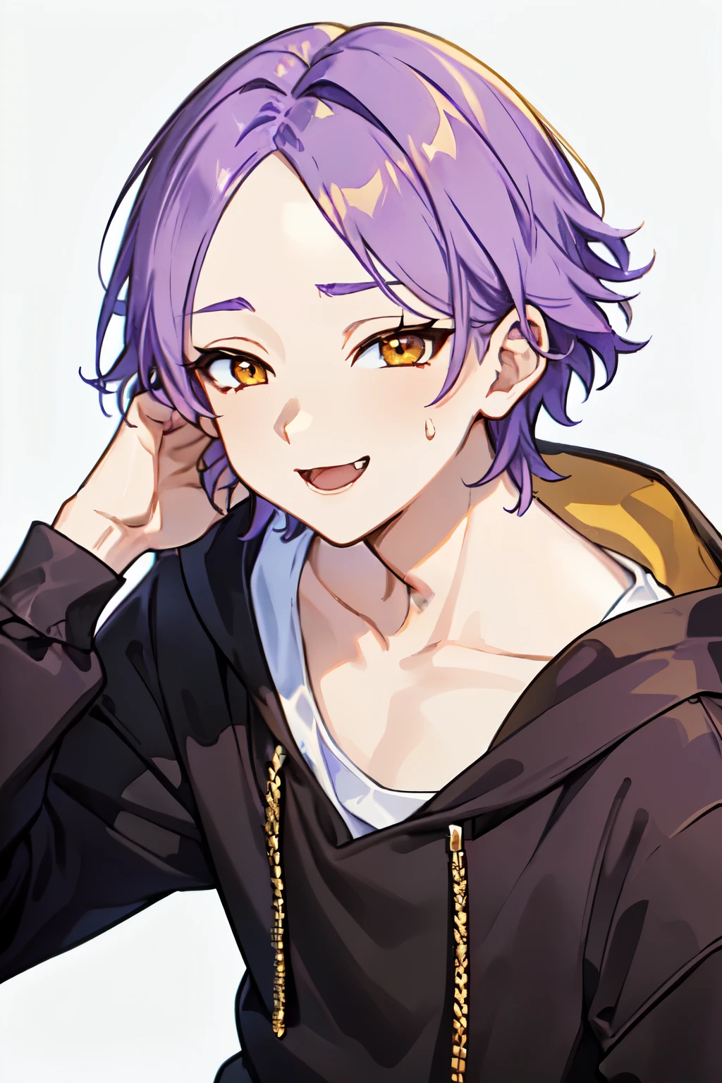 Age 18 　 {{ 1 man、  jacket、 inner shirt 、 kind smiles、(((appearance:gold eye、Golden Eyes、 purple hair、purple hair、Hairstyle:No bangs、very short hair、)))Muscular、 hoodies 、black sweatpants、Stern face、 is cool、 angle from front、、((( will brush up his hair、Forehead、)))、 manly