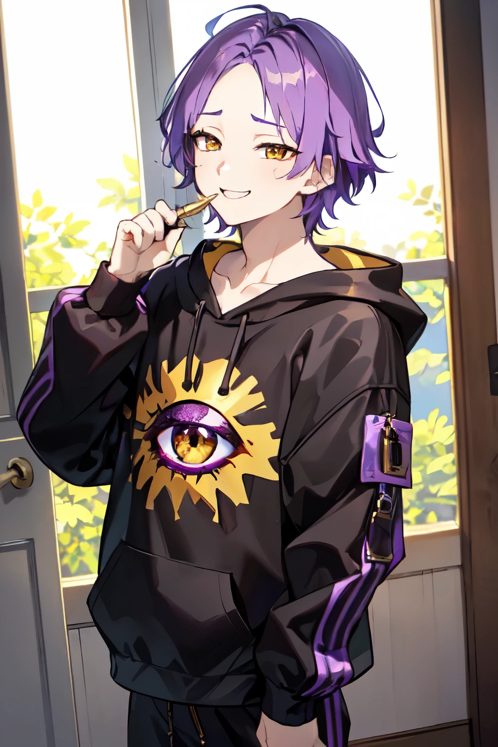 Age 18 　 {{ 1 man、  jacket、 inner shirt 、 kind smiles、(((appearance:gold eye、Golden Eyes、Dark purple hair、purple hair、Hairstyle:No bangs、very short hair、)))Muscular、 hoodies 、black sweatpants、Stern face、 is cool、 angle from front、、((( will brush up his hair、Forehead、)))、 manly