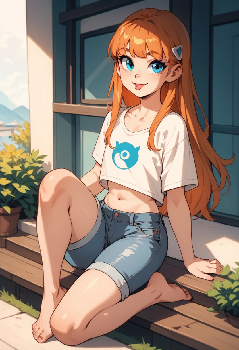 1 girl,Alone,pale skin,  Blue Eyes, tongue out,  Mischievous smile ,  thick thighs ,  long hair,orange hair, fringe, young face,  white regatta, shorts jeans curtos, barefoot, average-sized girl, medium boobs cute girl 