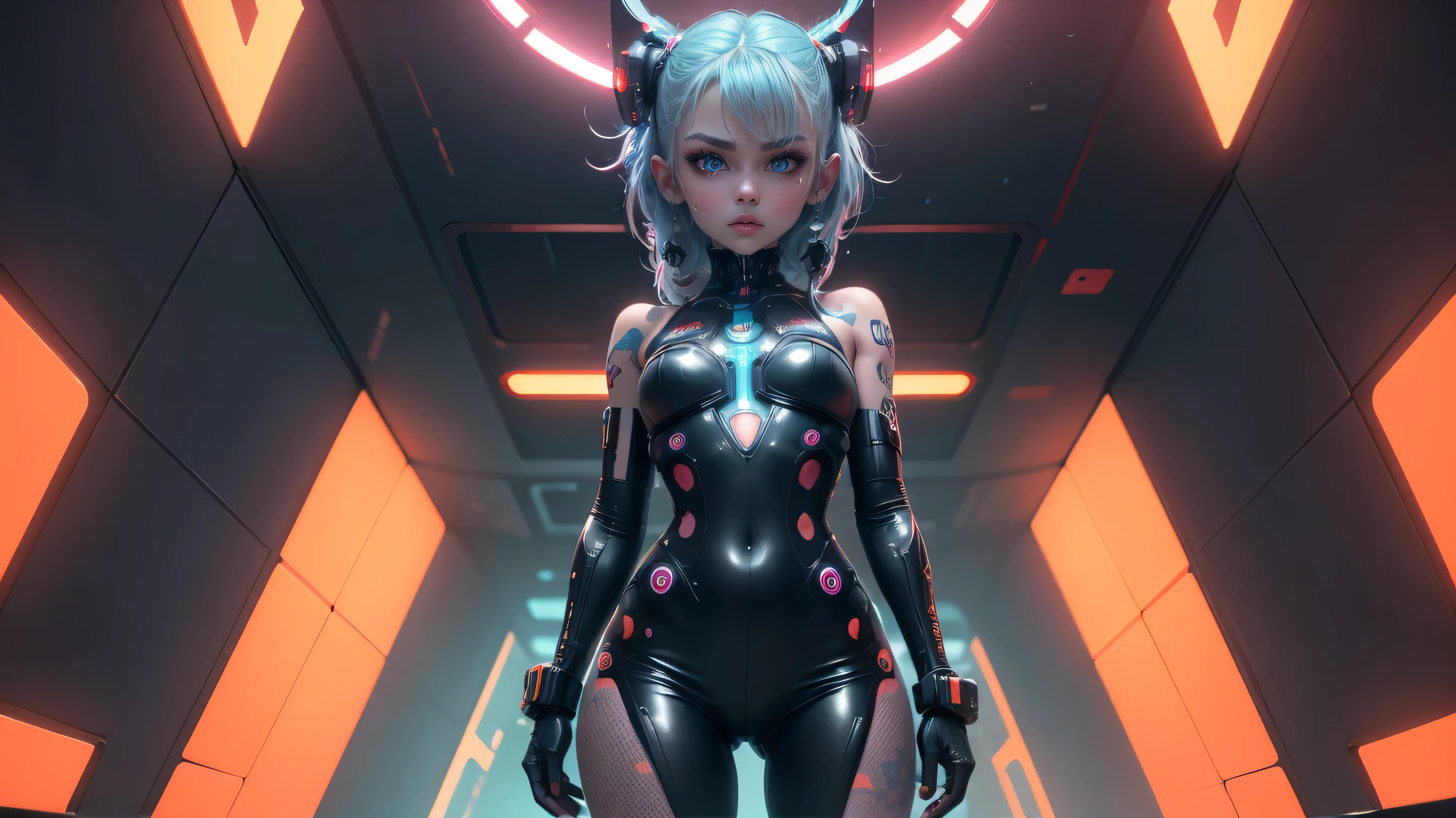 Extraordinary wide angle portrait, cute cyberpunk alien species, beautiful face, seductive, sexy, ((standing in front of futuristic background)), orange tech fashion, professional photography, tech style, 8K HD, Adorable, Cute Tattoos，Cute & Sexy，Body tattoos,