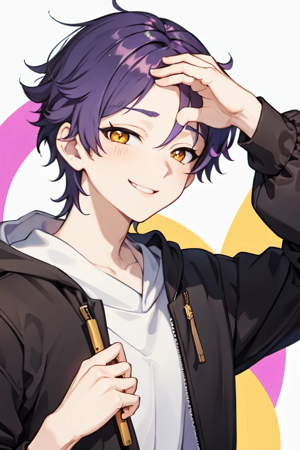 Age 18 　 {{ 1 man、  jacket、 inner shirt 、smile、 big smile when looking back(((appearance:gold eye、Golden Eyes、Dark purple hair、purple hair、Hairstyle:No bangs、very short hair、)))Muscular、 hoodies 、black sweatpants、Stern face、 is cool、 angle from front、、((( will brush up his hair、Forehead、)))、 manly、