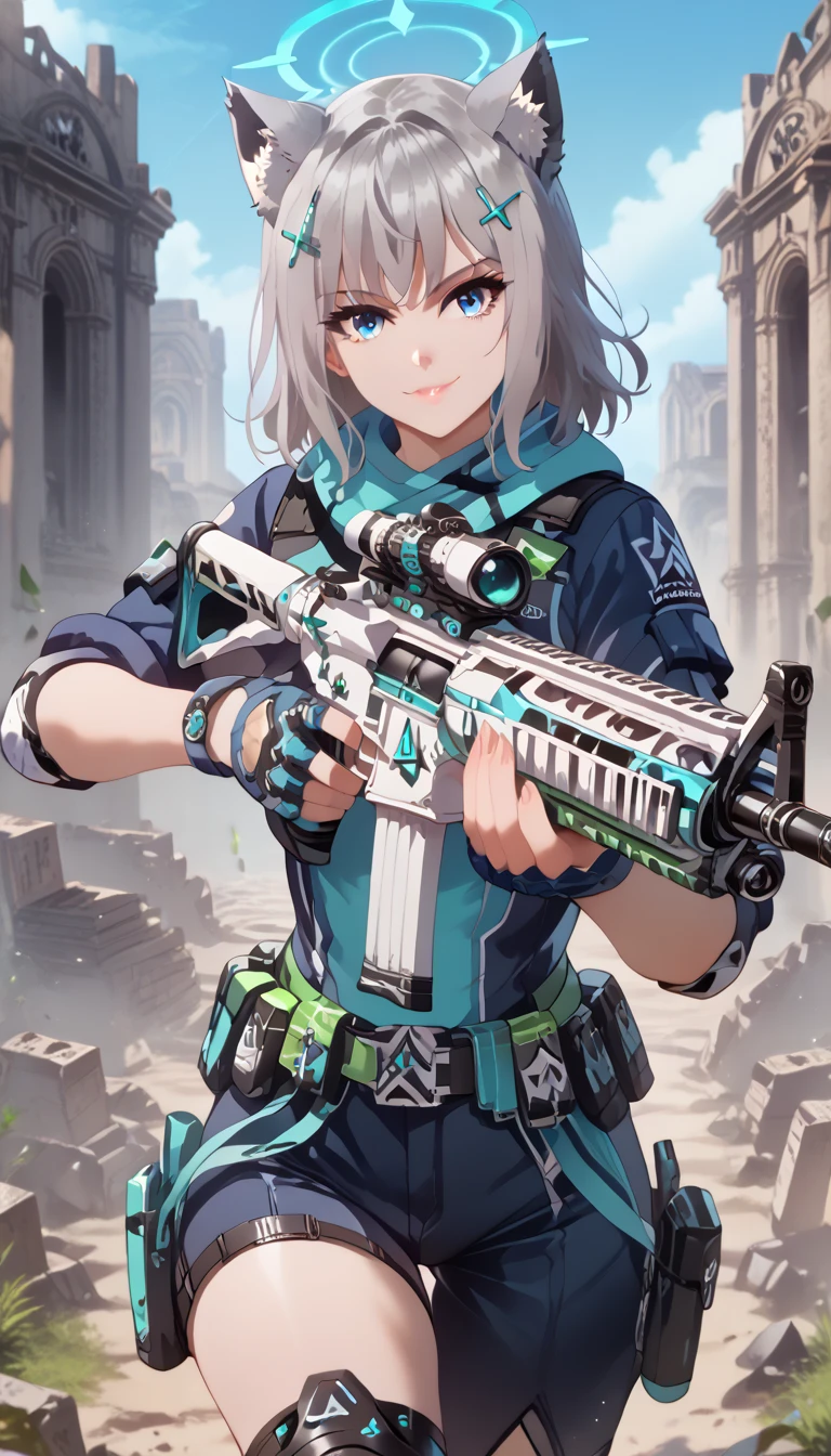 ultra-detailed, 1girl, shiroko sunaookami, ((masterpiece)), (best quality), (highres), 16K, animal ears, blue eyes, grey hair, hair ornament, hairpin, halo, medium hair, wolf ears, wearing tactical clothes, tactical belt, knee pads, black panties, busty body, large breasts and a beautiful ass, showcasing cleavage, legs, hips, looking at viewer, smile, (holding assault rifle), detailed face, detailed hair, detailed body, ruins background