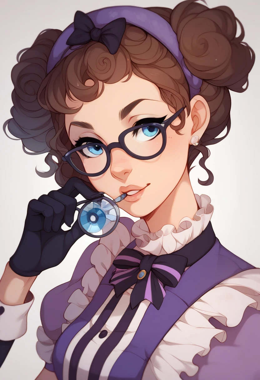 Bzl _ test wearing purple flapper dress, 1920s, with accounts fringe, Gloves, curly brown hair, (gray|blue) eyes, glasses, (parts:0.4),  simple background  || fur, hair, fabric, with accounts,  masterpiece , 8K,  High resolution,  shallow depth of field ,  sharp focus 
