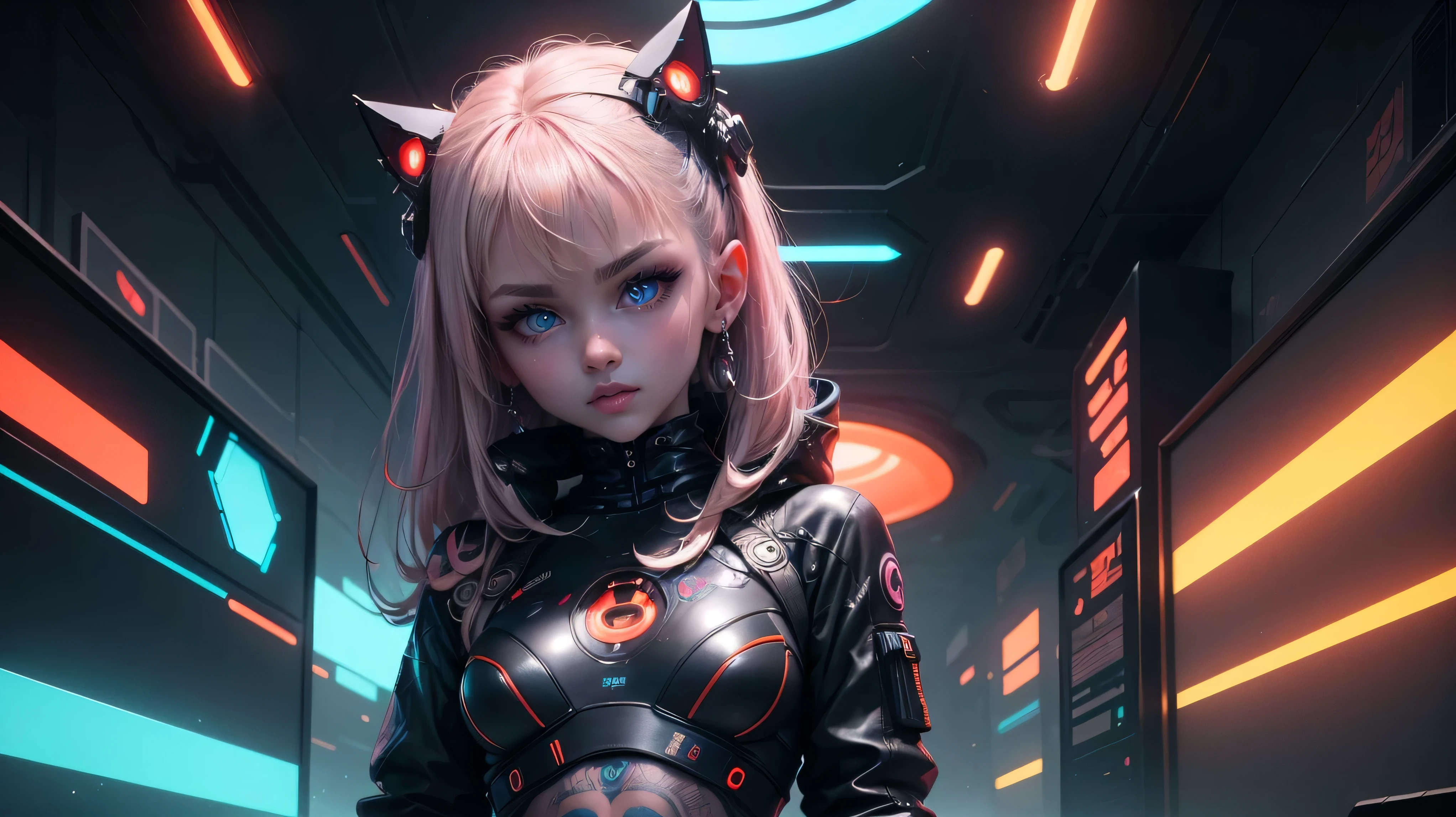 Extraordinary wide angle portrait, cute cyberpunk alien species, beautiful face, seductive, sexy, ((standing in front of futuristic background)), orange tech fashion, professional photography, tech style, 8K HD, Adorable, Cute Tattoos，Cute & Sexy，Body tattoos,