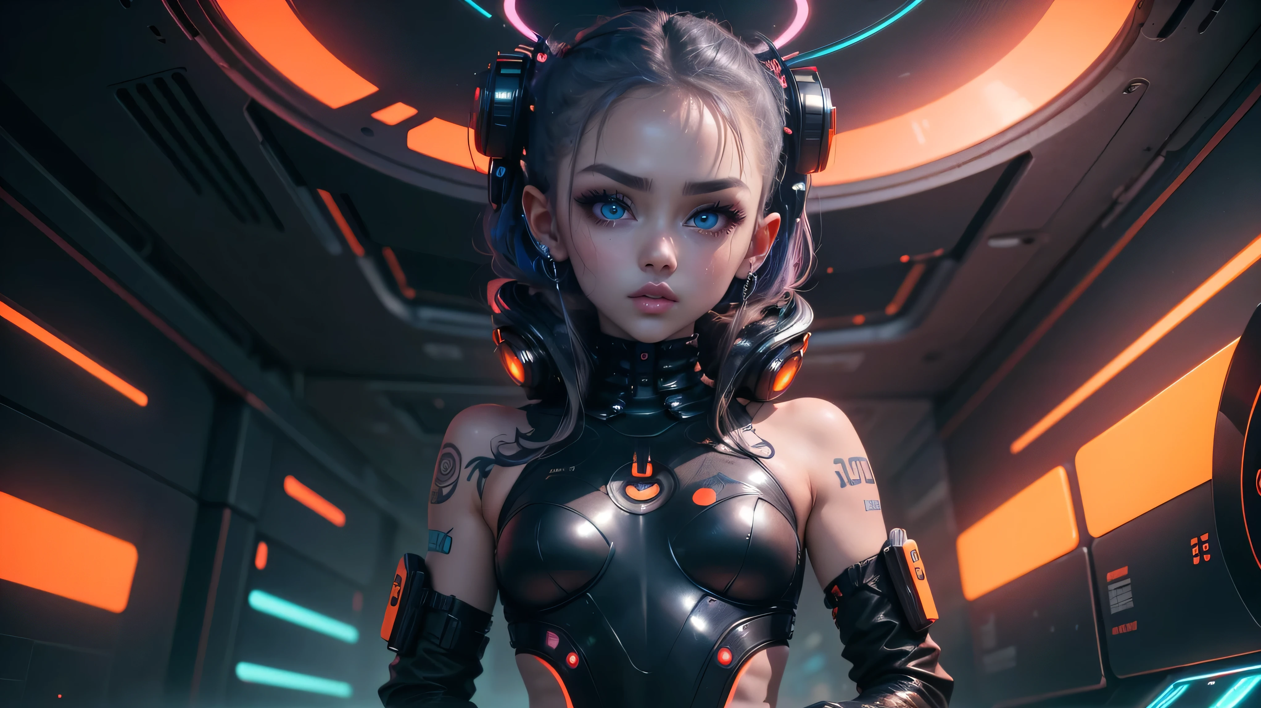 Extraordinary wide angle portrait, cute cyberpunk alien species, beautiful face, seductive, sexy, ((standing in front of futuristic background)), orange tech fashion, professional photography, tech style, 8K HD, Adorable, Cute Tattoos，Cute & Sexy，Body tattoos,