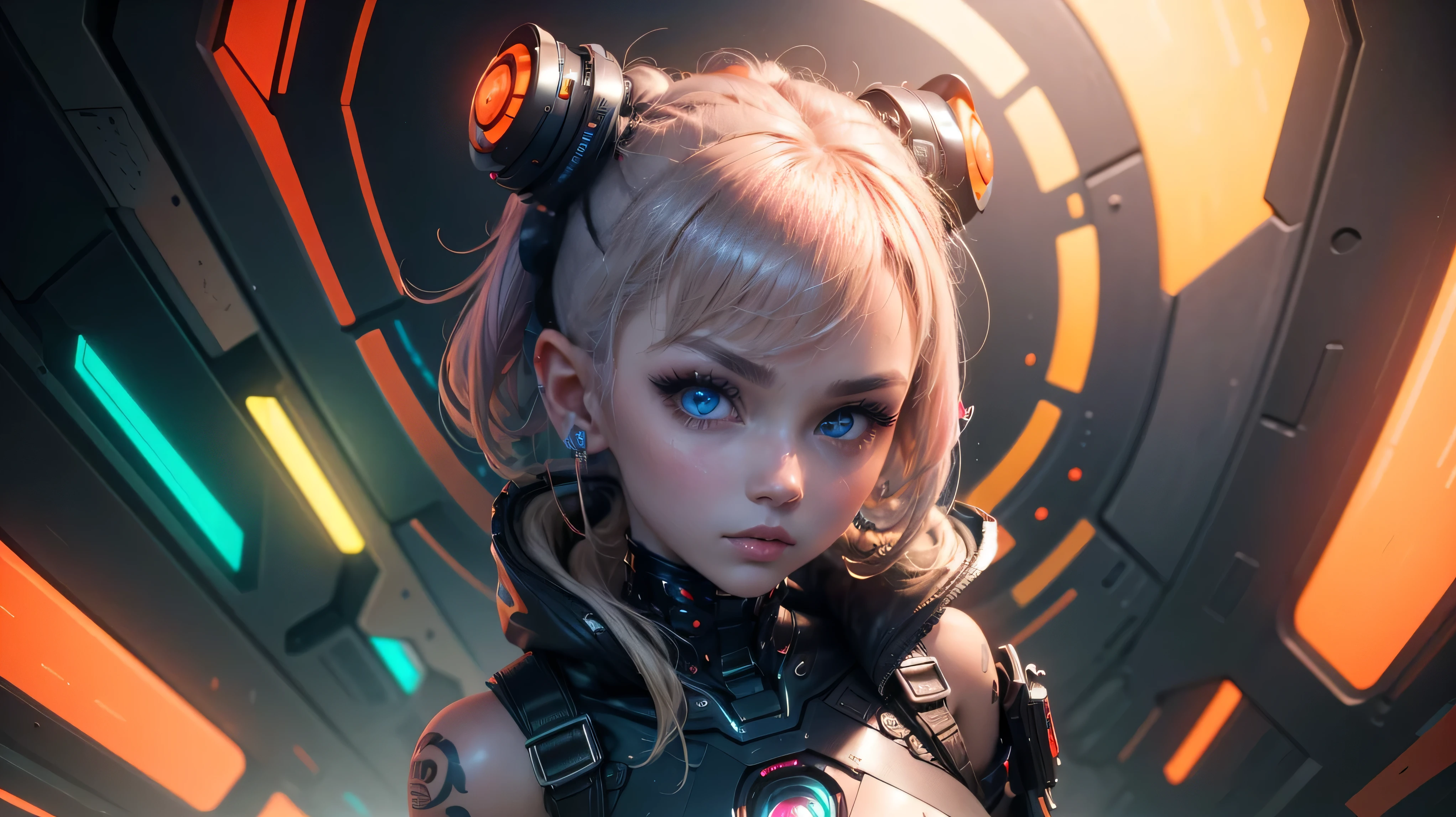 Extraordinary wide angle portrait, cute cyberpunk alien species, beautiful face, seductive, sexy, ((standing in front of futuristic background)), orange tech fashion, professional photography, tech style, 8K HD, Adorable, Cute Tattoos，Cute & Sexy，Body tattoos,