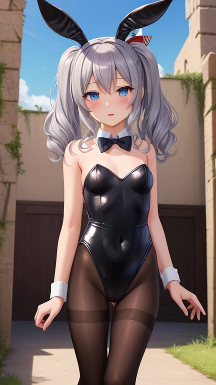 (  Masterpiece  ), 8k wallpaper, Alone,  , Game CG,    beautiful detailed face and eyes,   Perfect Anatomy  ,   standing, outside, ,  Shining Lips in the Ruins of an Old Town , Bunny ears, 取りoutsideし可能な襟,   high leg leotard ,   wrist cuffs ,    fishnet tights  ,   Bunny Girl  ,,Grey Hair, blue eyes, wavy hair, twin tails,tsurime,,Black rabbit ears, black leotard , white pantyhose , bow tie, wrist cuffs,casino