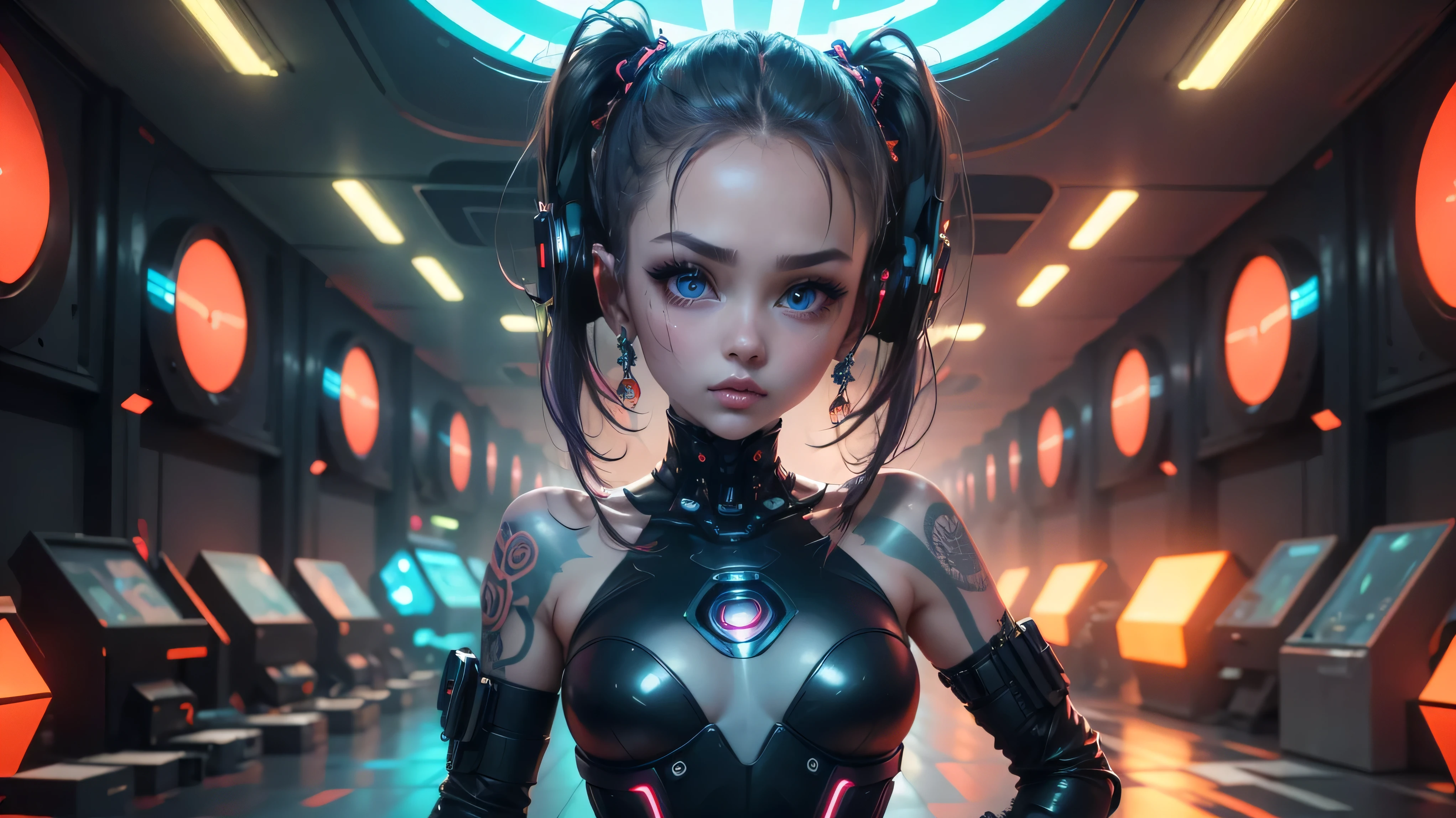 Extraordinary wide angle portrait, cute cyberpunk alien species, beautiful face, seductive, sexy, ((standing in front of futuristic background)), orange tech fashion, professional photography, tech style, 8K HD, Adorable, Cute Tattoos，Cute & Sexy，Body tattoos,