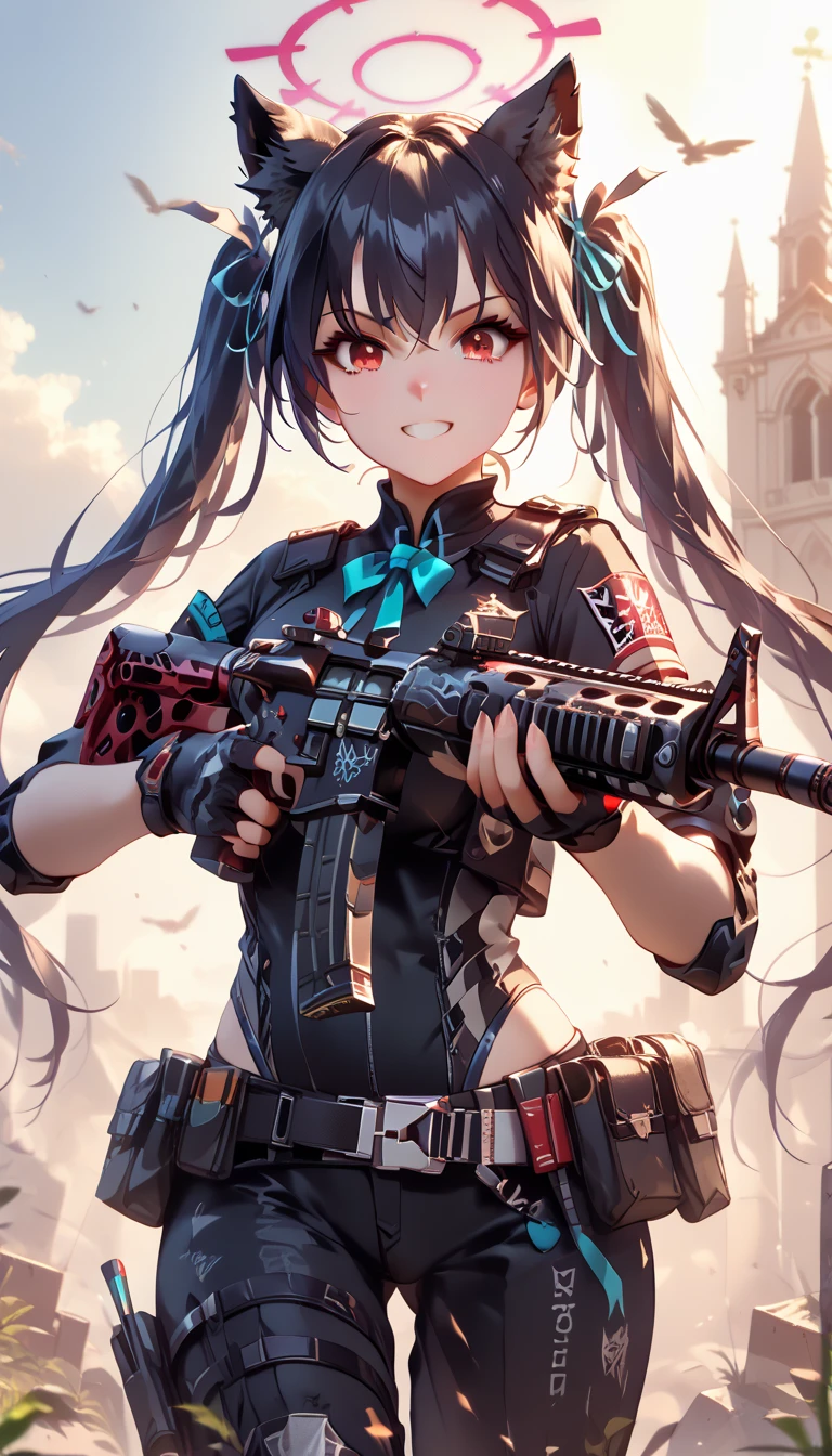 ultra-detailed, 1girl, serika \(blue archive\), ((masterpiece)), (best quality), (highres), 16K, animal ears, red eyes, black hair, long hair, halo, twintails, wearing tactical clothes, tactical belt, knee pads, black thong, busty body, large breasts and a beautiful ass, showcasing cleavage, legs, hips, looking at viewer, smile, (holding assault rifle), detailed face, detailed hair, detailed body, ruins background