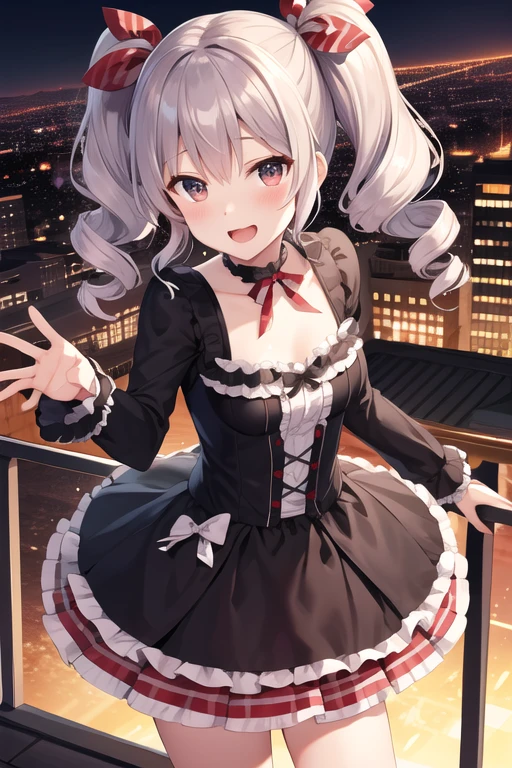   Masterpiece  ,  best quality,  high definition , Arlanco,  long hair,  twin tails,  twin drill ,  hair bow,  medium chest ,  choker,  clevis, frills, gothic,  dress,  Long Sleeve ,  of the aa network is reaching out, smile,  open mouth,   knight , city,  cowboy shooting, moon,   knight 