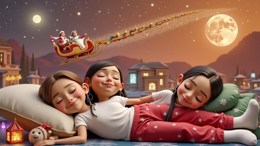 A touching and high resolution 3D illustration inspired by Disney Pixar art, featuring a cute  boy and girl, lying down and surely asleep under the night sky. They are hugging each other, their faces resting gently on the soft cloud-shaped pillow, and smiling slightly. The boy has very light brown hair slightly curly, cut short on the sides, and tanned skin, while the girl has long, straight, black hair with a colorful feather earring and light brown skin of a Brazilian Indian, beautiful, sensual, attractive and provocative, . They wear white T-shirts and red pants adorned with Christmas motifs and white Christmas socks. The sky above them is bathed in an orange hue, with starry stars twinkling and a guiding star shining brightly. A full moon is eclipsed by the shadow of a flying sleigh that leaves a radiant trail in its wake. The scene exudes a vibrant, Christmassy feel in a breathtaking landscape, where they appear to sleep among white cumulonimbus clouds.