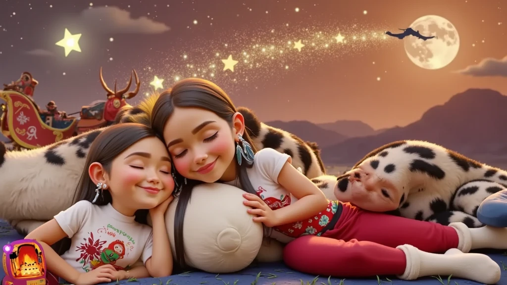 A touching and high resolution 3D illustration inspired by Disney Pixar art, featuring a cute  boy and girl, lying down and surely asleep under the night sky. They are hugging each other, their faces resting gently on the soft cloud-shaped pillow, and smiling slightly. The boy has very light brown hair slightly curly, cut short on the sides, and tanned skin, while the girl has long, straight, black hair with a colorful feather earring and light brown skin of a Brazilian Indian, beautiful, sensual, attractive and provocative, . They wear white T-shirts and red pants adorned with Christmas motifs and white Christmas socks. The sky above them is bathed in an orange hue, with starry stars twinkling and a guiding star shining brightly. A full moon is eclipsed by the shadow of a flying sleigh that leaves a radiant trail in its wake. The scene exudes a vibrant, Christmassy feel in a breathtaking landscape, where they appear to sleep among white cumulonimbus clouds.