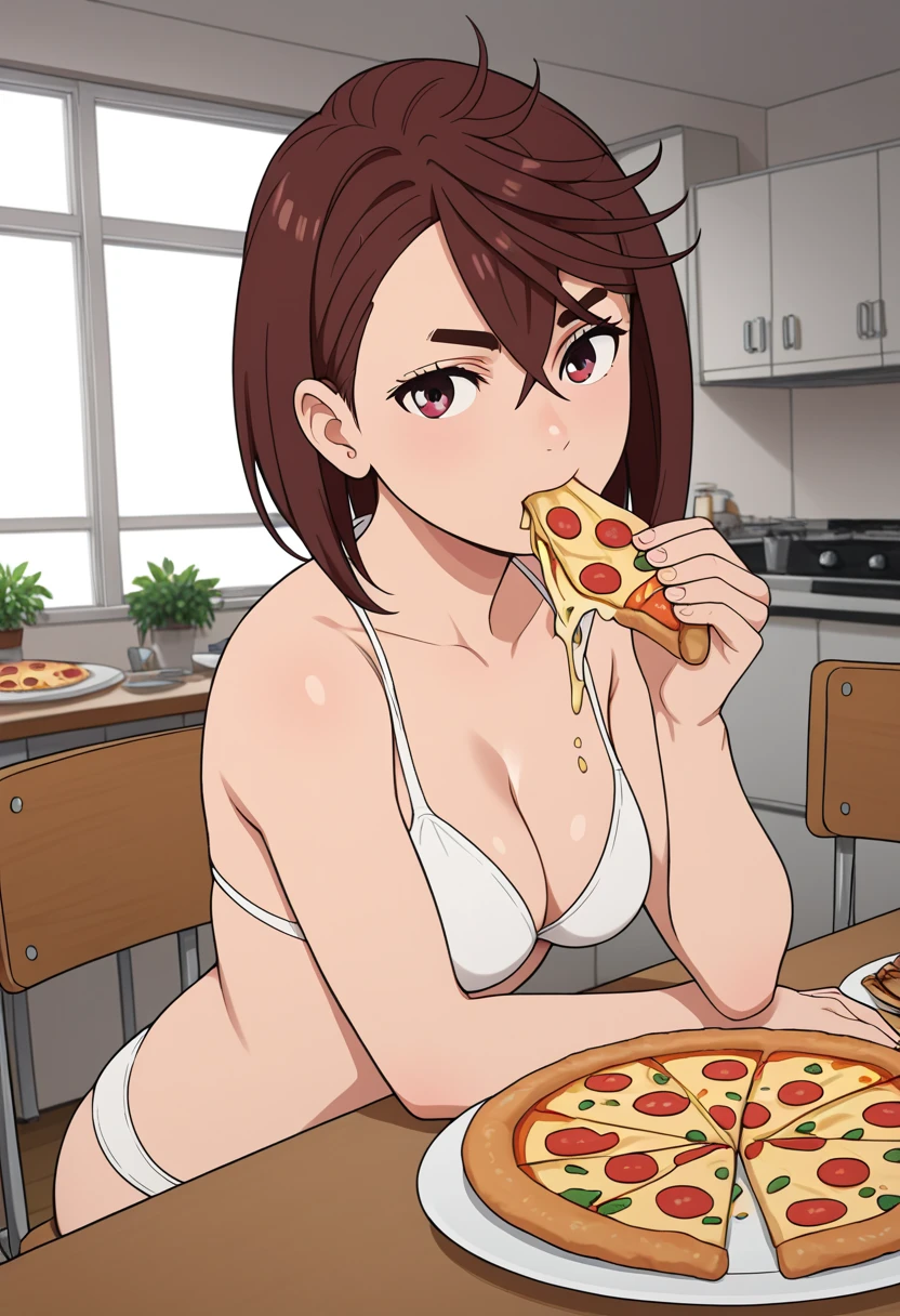 momo ayase, 1girl, short hair, brown hair, brown eyes, bangs, thick eyebrows, medium breasts, sitting, looking at viewer, eating, pizza, plate, table, chair, table, kitchen background, dinner room background, cinematic angle, cinematic lighting, masterpiece, best quality, wears white bra, white bikini, tight bikini