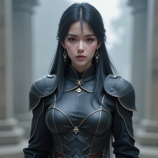 1girl, armor, black_hair, blurry, blurry_background, blurry_foreground, breasts, blue_eyes, closed_mouth, depth_of_field, earrings, jewelry, long_hair, looking_at_viewer, smile, solo, upper_body