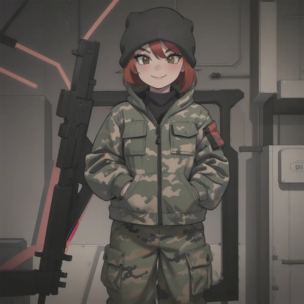 girl with smile and red short hair, black sweter, camouflage balaclava, camouflage pants 