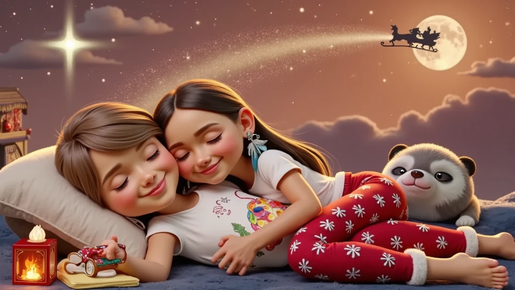 A touching and high resolution 3D illustration inspired by Disney Pixar art, featuring a cute  boy and girl, lying down and surely asleep under the night sky. They are hugging each other, their faces resting gently on the soft cloud-shaped pillow, and smiling slightly. The boy has very light brown hair slightly curly, cut short on the sides, and tanned skin, while the girl has long, straight, black hair with a colorful feather earring and light brown skin of a Brazilian Indian, beautiful, sensual, attractive and provocative, . They wear white T-shirts and red pants adorned with Christmas motifs and white Christmas socks. The sky above them is bathed in an orange hue, with starry stars twinkling and a guiding star shining brightly. A full moon is eclipsed by the shadow of a flying sleigh that leaves a radiant trail in its wake. The scene exudes a vibrant, Christmassy feel in a breathtaking landscape, where they appear to sleep among white cumulonimbus clouds.