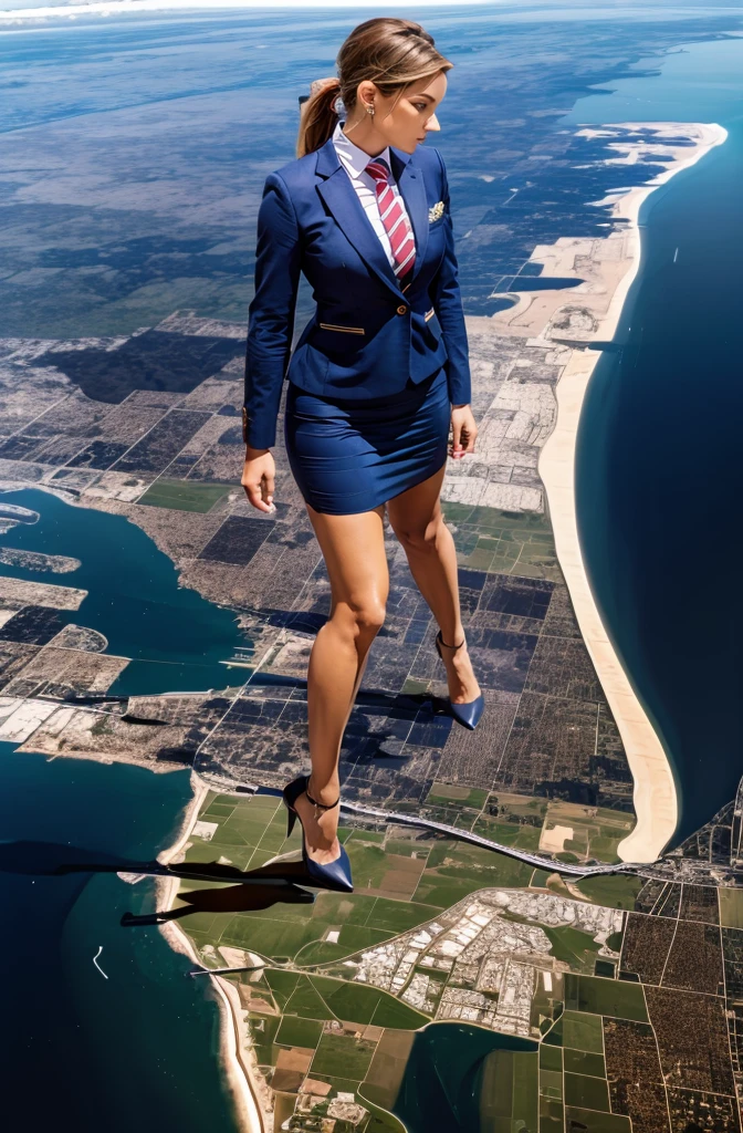 Giga Giantess art 1:4, two highly detailed giga giantess, ginger hair, bbw white woman full body view, 1000 miles giga giantess, giga giantess so massive the world is very small to her, huge breasts, light blue skirt suit and blazer, white tailored shirt, tie done up in a thick and very large red Windsor knot tie, ties length reaches just passed the top of trousers, Has long full wavy ponytail, Wearing a pair of  polished round toe court heels Professional attire A look of enjoyment, Beautiful appearance, smile, horny (view from the ground)giga goddess, full body view, standing striaght, stomping on very tiny but massive continent, giantess so big she can see the whole coast line of USA, facing towards camera