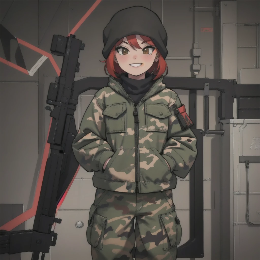 girl with smile and red short hair, black sweter, camouflage balaclava, camouflage pants 