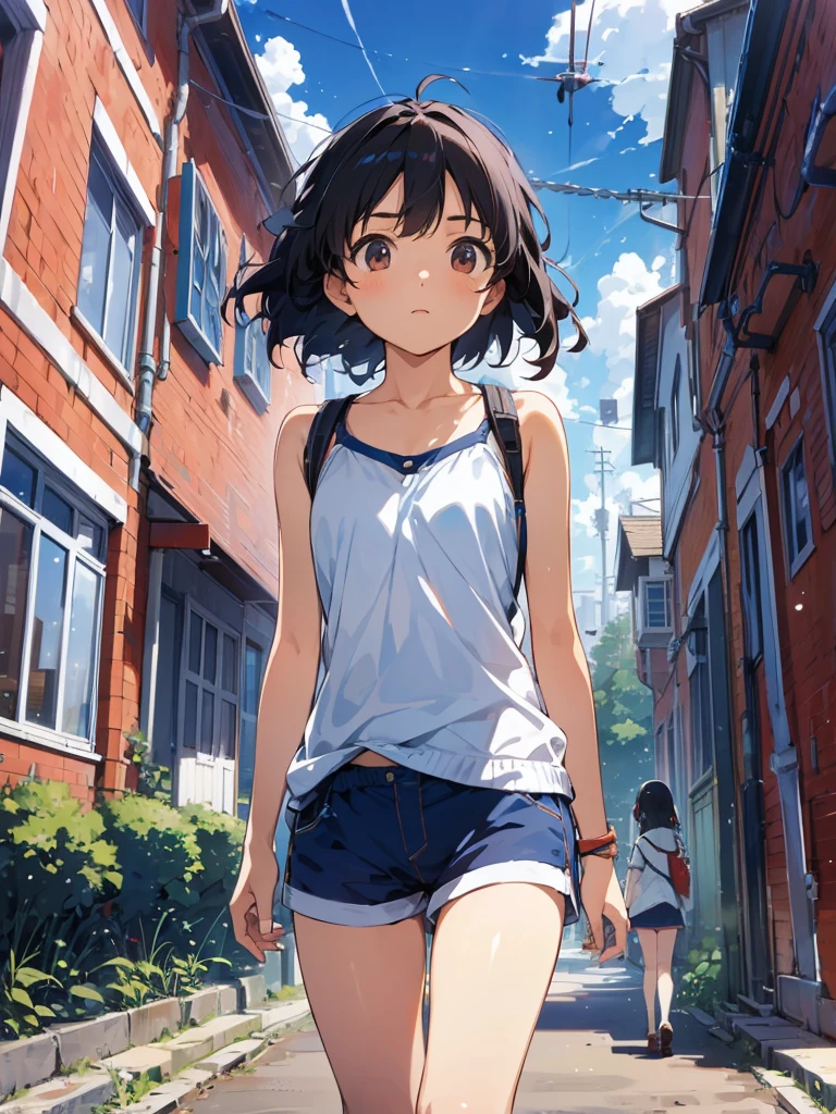 、Pure girl、One Girl、Cute smile、Sparkling Eyes、Healthy Skin、Large park、Summer sun、White cloud、Blue sky、Whole body composition、Barefoot、Detailed Hair、Tank top and short skirt、Small breasts、slender、Looking up、Hair blowing in the wind、Dynamic pose、Mouth open