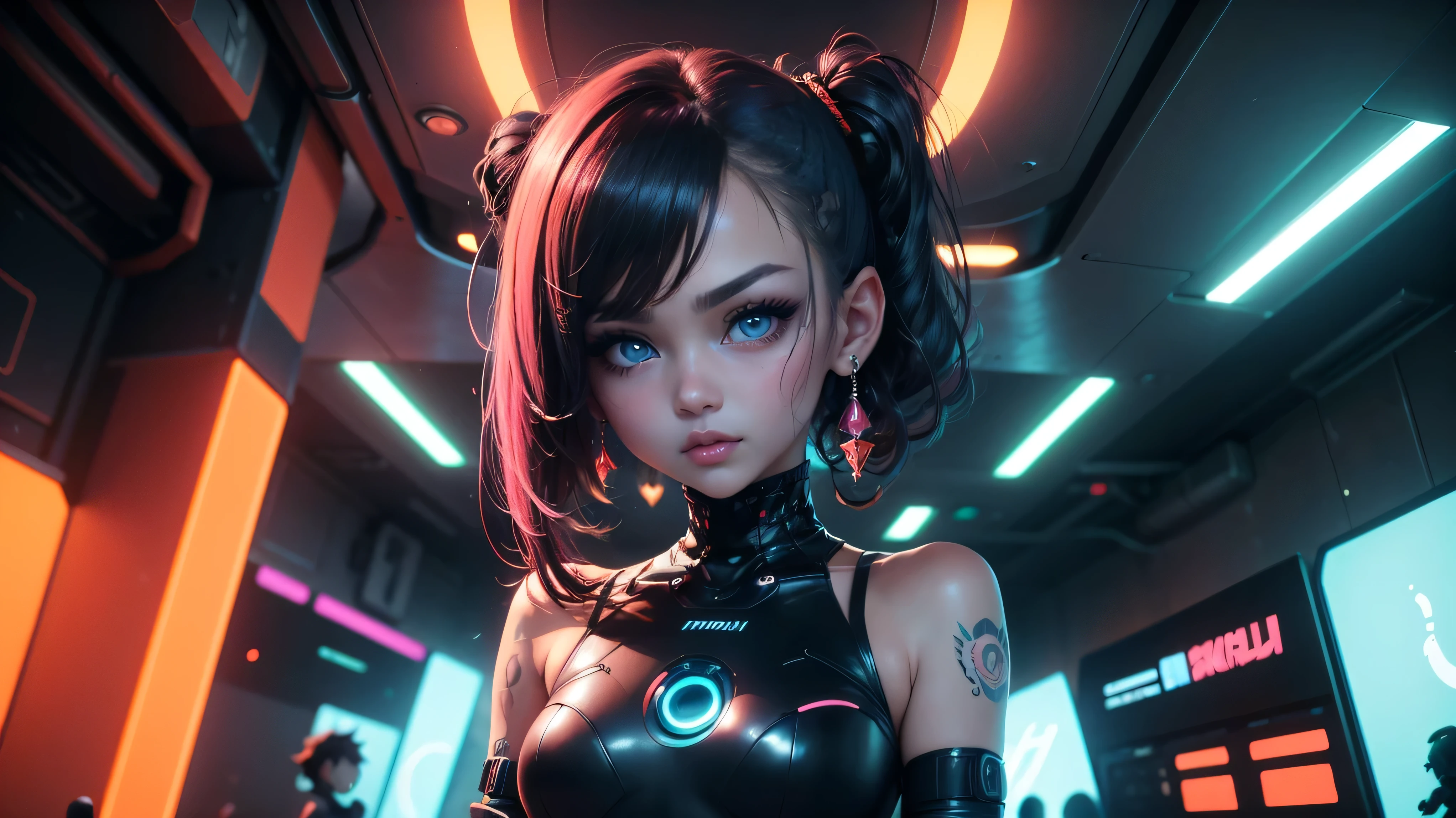 Extraordinary wide angle portrait, cute cyberpunk alien species, beautiful face, seductive, sexy, ((standing in front of futuristic background)), orange tech fashion, professional photography, tech style, 8K HD, Adorable, Cute Tattoos，Cute & Sexy，Body tattoos,