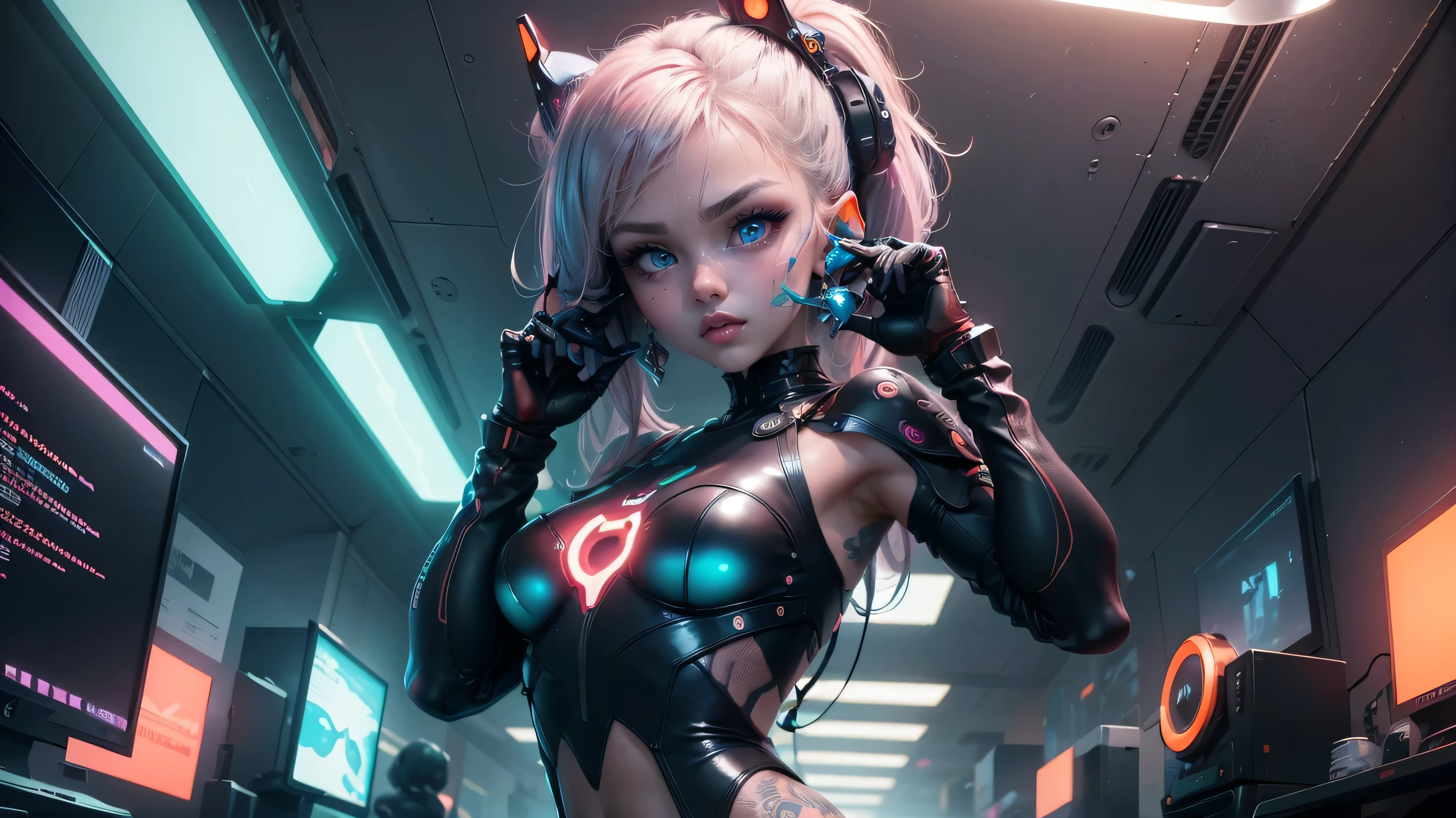 Extraordinary wide angle portrait, cute cyberpunk alien species, beautiful face, seductive, sexy, ((standing in front of futuristic background)), orange tech fashion, professional photography, tech style, 8K HD, Adorable, Cute Tattoos，Cute & Sexy，Body tattoos,