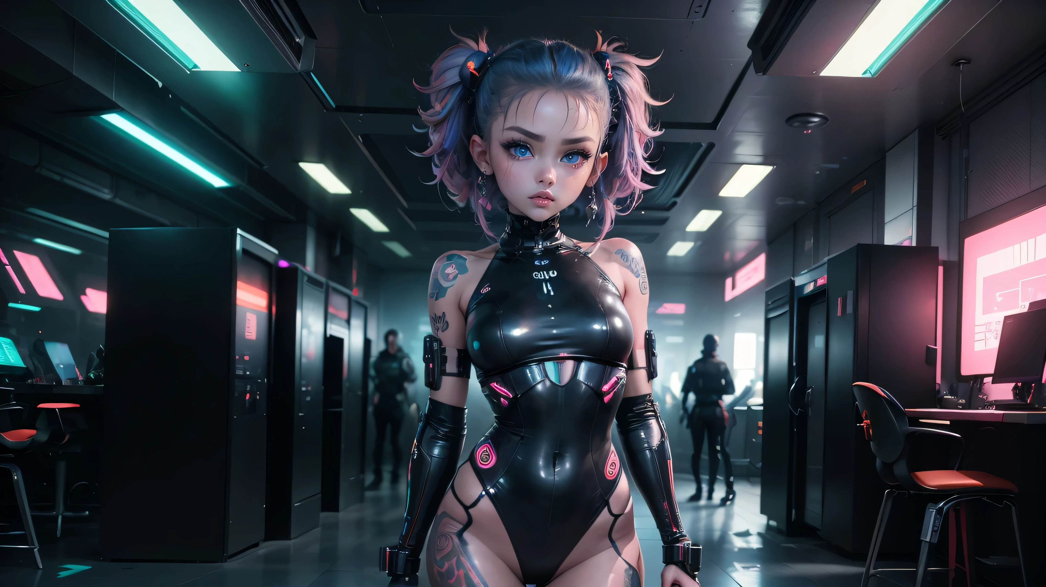 Extraordinary wide angle portrait, cute cyberpunk alien species, beautiful face, seductive, sexy, ((standing in front of futuristic background)), orange tech fashion, professional photography, tech style, 8K HD, Adorable, Cute Tattoos，Cute & Sexy，Body tattoos,