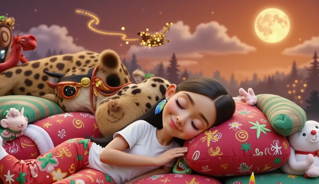 A touching and high resolution 3D illustration inspired by Disney Pixar art, featuring a cute boy and girl, lying down and surely asleep under the night sky. They are hugging each other, their faces resting gently on the soft cloud-shaped pillow, and smiling slightly. The boy has very light brown hair slightly curly, cut short on the sides, and tanned skin, while the girl has long, straight, black hair with a colorful feather earring and light brown skin of a Brazilian Indian, beautiful, sensual, attractive and provocative, . They wear white T-shirts and red pants adorned with Christmas motifs and white Christmas socks. The sky above them is bathed in an orange hue, with starry stars twinkling and a guiding star shining brightly. A full moon is eclipsed by the shadow of a flying sleigh that leaves a radiant trail in its wake. The scene exudes a vibrant, Christmassy feel in a breathtaking landscape, where they appear to sleep among white cumulonimbus clouds.