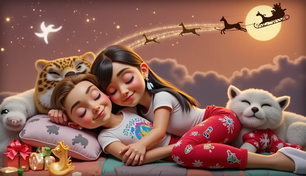 A touching and high resolution 3D illustration inspired by Disney Pixar art, featuring a cute boy and girl, lying down and surely asleep under the night sky. They are hugging each other, their faces resting gently on the soft cloud-shaped pillow, and smiling slightly. The boy has very light brown hair slightly curly, cut short on the sides, and tanned skin, while the girl has long, straight, black hair with a colorful feather earring and light brown skin of a Brazilian Indian, beautiful, sensual, attractive and provocative, . They wear white T-shirts and red pants adorned with Christmas motifs and white Christmas socks. The sky above them is bathed in an orange hue, with starry stars twinkling and a guiding star shining brightly. A full moon is eclipsed by the shadow of a flying sleigh that leaves a radiant trail in its wake. The scene exudes a vibrant, Christmassy feel in a breathtaking landscape, where they appear to sleep among white cumulonimbus clouds.