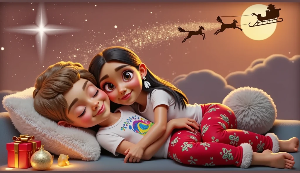 A touching and high resolution 3D illustration inspired by Disney Pixar art, featuring a cute  boy and girl, lying down and surely asleep under the night sky. They are hugging each other, their faces resting gently on the soft cloud-shaped pillow, and smiling slightly. The boy has very light brown hair slightly curly, cut short on the sides, and tanned skin, while the girl has long, straight, black hair with a colorful feather earring and light brown skin of a Brazilian Indian, beautiful, sensual, attractive and provocative, . They wear white T-shirts and red pants adorned with Christmas motifs and white Christmas socks. The sky above them is bathed in an orange hue, with starry stars twinkling and a guiding star shining brightly. A full moon is eclipsed by the shadow of a flying sleigh that leaves a radiant trail in its wake. The scene exudes a vibrant, Christmassy feel in a breathtaking landscape, where they appear to sleep among white cumulonimbus clouds.