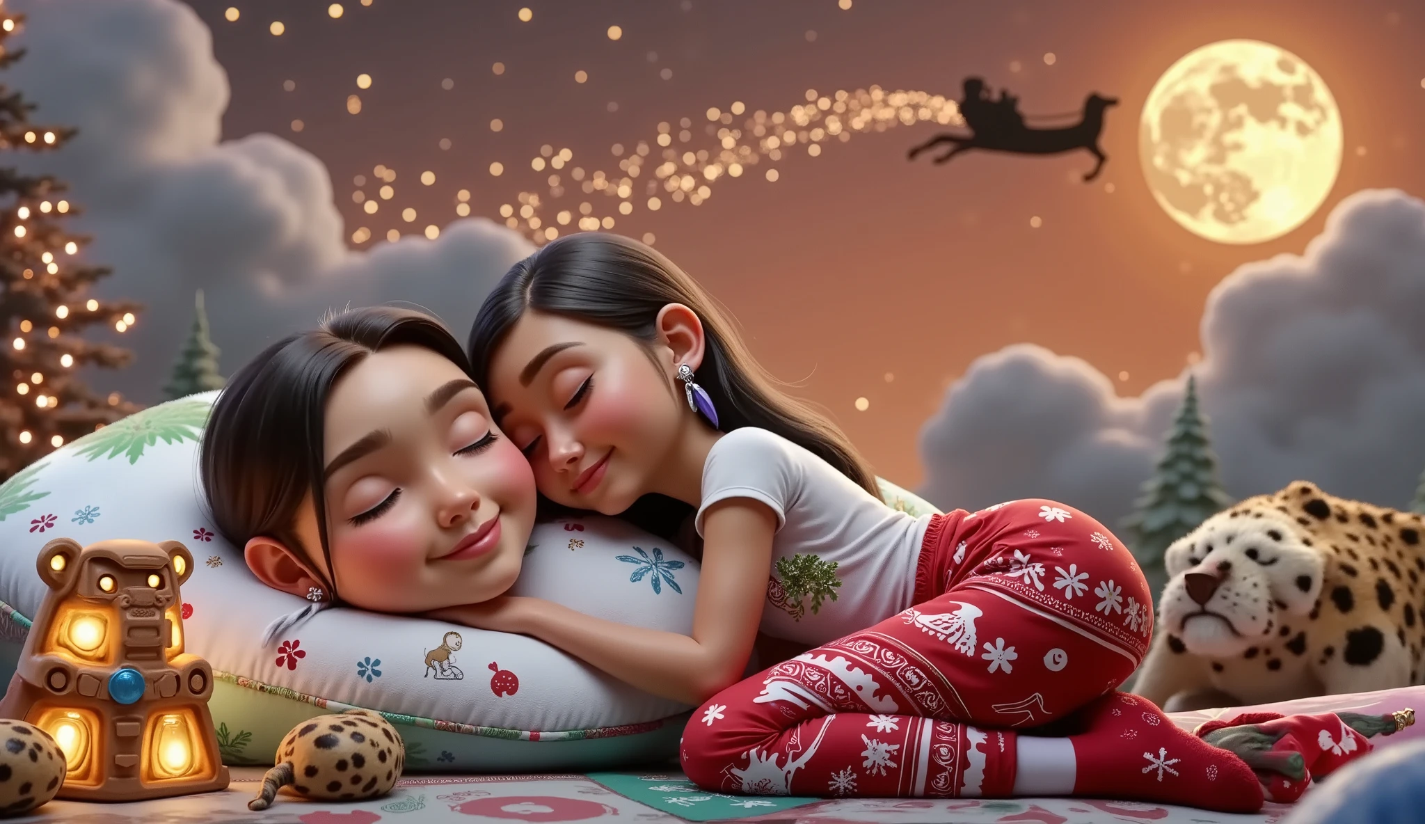 A touching and high resolution 3D illustration inspired by Disney Pixar art, featuring a cute boy and girl, lying down and surely asleep under the night sky. They are hugging each other, their faces resting gently on the soft cloud-shaped pillow, and smiling slightly. The boy has very light brown hair slightly curly, cut short on the sides, and tanned skin, while the girl has long, straight, black hair with a colorful feather earring and light brown skin of a Brazilian Indian, beautiful, sensual, attractive and provocative, . They wear white T-shirts and red pants adorned with Christmas motifs and white Christmas socks. The sky above them is bathed in an orange hue, with starry stars twinkling and a guiding star shining brightly. A full moon is eclipsed by the shadow of a flying sleigh that leaves a radiant trail in its wake. The scene exudes a vibrant, Christmassy feel in a breathtaking landscape, where they appear to sleep among white cumulonimbus clouds.