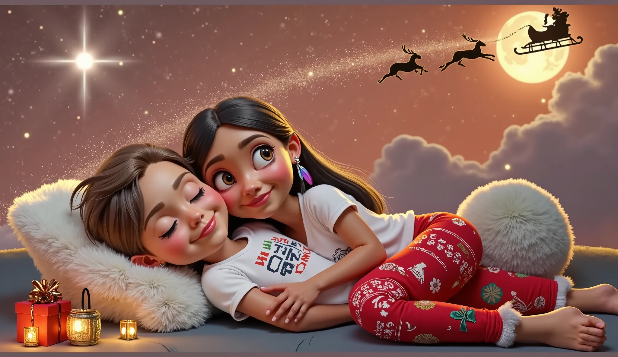 A touching and high resolution 3D illustration inspired by Disney Pixar art, featuring a cute  boy and girl, lying down and surely asleep under the night sky. They are hugging each other, their faces resting gently on the soft cloud-shaped pillow, and smiling slightly. The boy has very light brown hair slightly curly, cut short on the sides, and tanned skin, while the girl has long, straight, black hair with a colorful feather earring and light brown skin of a Brazilian Indian, beautiful, sensual, attractive and provocative, . They wear white T-shirts and red pants adorned with Christmas motifs and white Christmas socks. The sky above them is bathed in an orange hue, with starry stars twinkling and a guiding star shining brightly. A full moon is eclipsed by the shadow of a flying sleigh that leaves a radiant trail in its wake. The scene exudes a vibrant, Christmassy feel in a breathtaking landscape, where they appear to sleep among white cumulonimbus clouds.