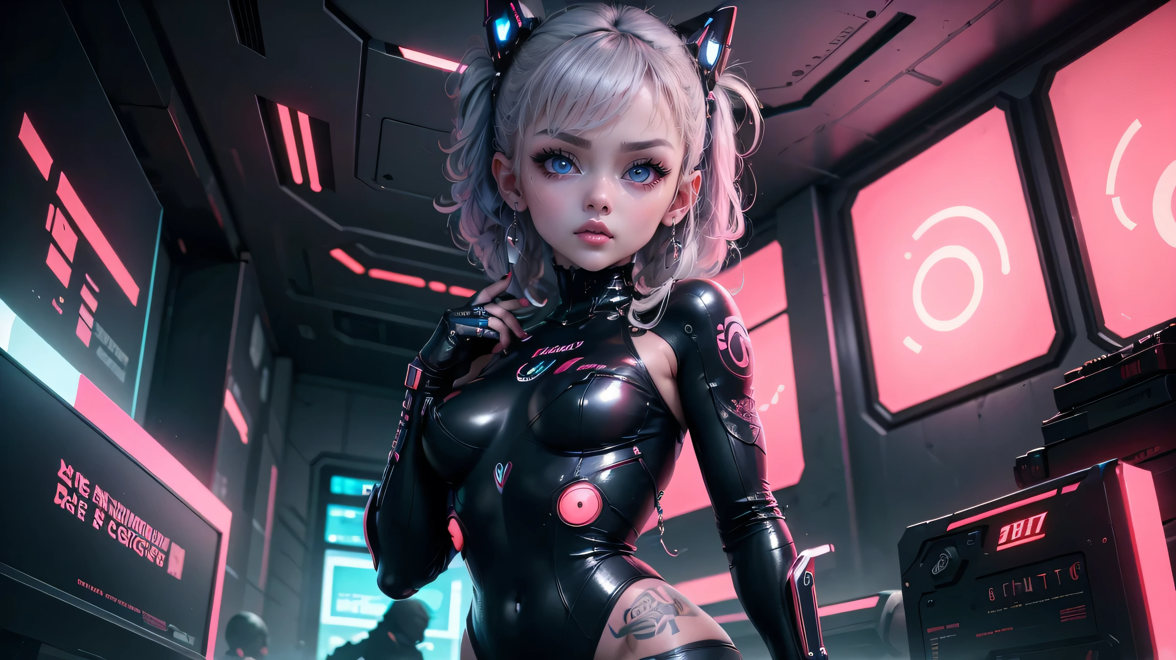 Extraordinary wide angle portrait, cute cyberpunk alien species, beautiful face, seductive, sexy, ((standing in front of futuristic background)), orange tech fashion, professional photography, tech style, 8K HD, Adorable, Cute Tattoos，Cute & Sexy，Body tattoos,