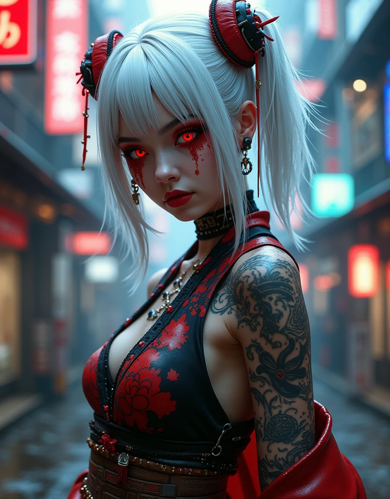 geisha.Asian. white hair. tattooed. Cyberpunk Background. cyberpunk. Grinning . Eyes red. smoke . struggling pose. Raby. wet