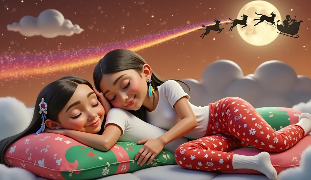 A touching and high resolution 3D illustration inspired by Disney Pixar art, featuring a cute boy and girl, lying down and surely asleep under the night sky. They are hugging each other, their faces resting gently on the soft cloud-shaped pillow, and smiling slightly. The boy has very light brown hair slightly curly, cut short on the sides, and tanned skin, while the girl has long, straight, black hair with a colorful feather earring and light brown skin of a Brazilian Indian, beautiful, sensual, attractive and provocative, . They wear white T-shirts and red pants adorned with Christmas motifs and white Christmas socks. The sky above them is bathed in an orange hue, with starry stars twinkling and a guiding star shining brightly. A full moon is eclipsed by the shadow of a flying sleigh that leaves a radiant trail in its wake. The scene exudes a vibrant, Christmassy feel in a breathtaking landscape, where they appear to sleep among white cumulonimbus clouds.