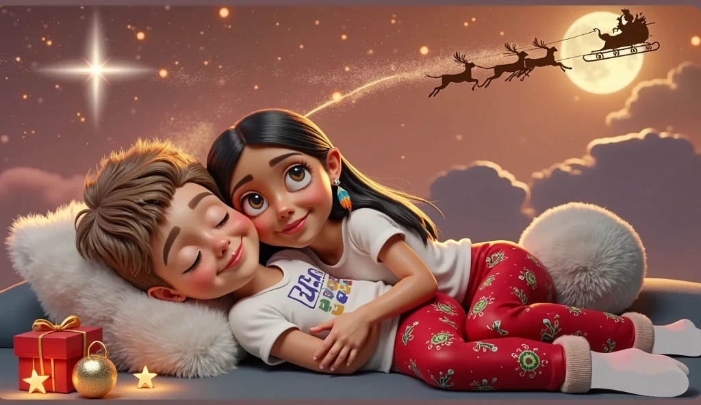 A touching and high resolution 3D illustration inspired by Disney Pixar art, featuring a cute boy and girl, lying down and surely asleep under the night sky. They are hugging each other, their faces resting gently on the soft cloud-shaped pillow, and smiling slightly. The boy has very light brown hair slightly curly, cut short on the sides, and tanned skin, while the girl has long, straight, black hair with a colorful feather earring and light brown skin of a Brazilian Indian, beautiful, sensual, attractive and provocative, . They wear white T-shirts and red pants adorned with Christmas motifs and white Christmas socks. The sky above them is bathed in an orange hue, with starry stars twinkling and a guiding star shining brightly. A full moon is eclipsed by the shadow of a flying sleigh that leaves a radiant trail in its wake. The scene exudes a vibrant, Christmassy feel in a breathtaking landscape, where they appear to sleep among white cumulonimbus clouds.