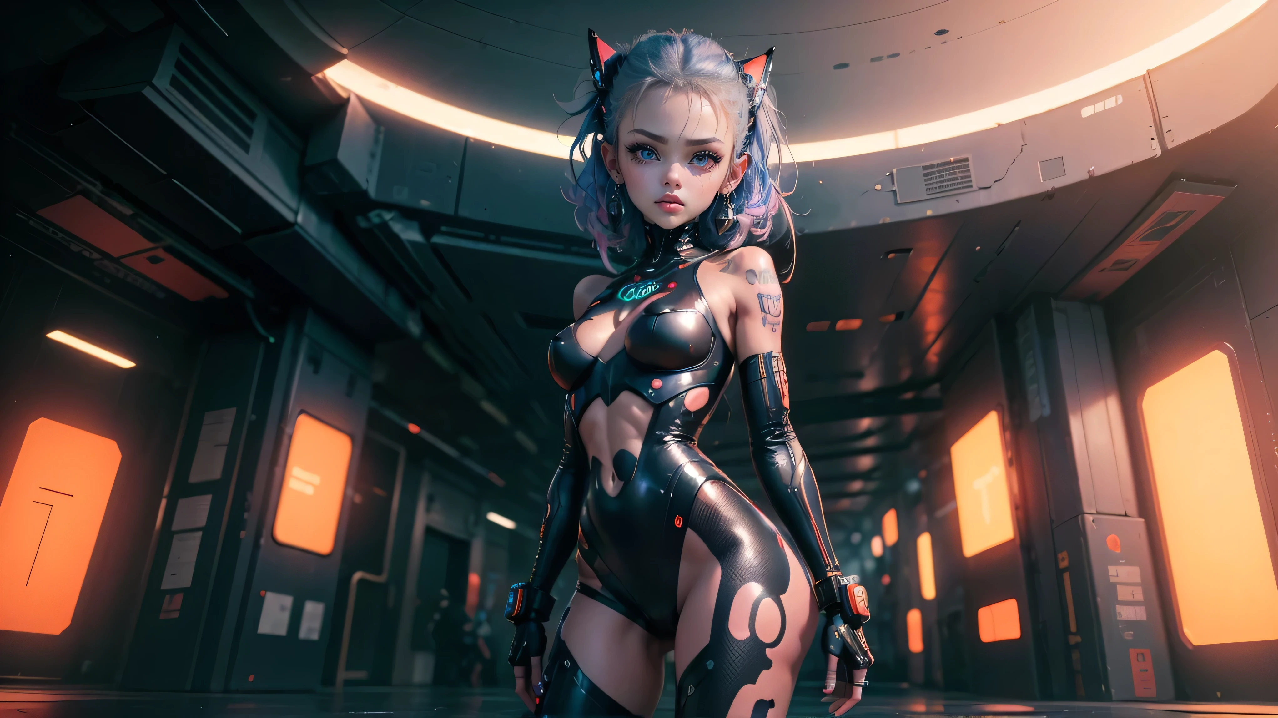 Extraordinary wide angle portrait, cute cyberpunk alien species, beautiful face, seductive, sexy, ((standing in front of futuristic background)), orange tech fashion, professional photography, tech style, 8K HD, Adorable, Cute Tattoos，Cute & Sexy，Body tattoos,