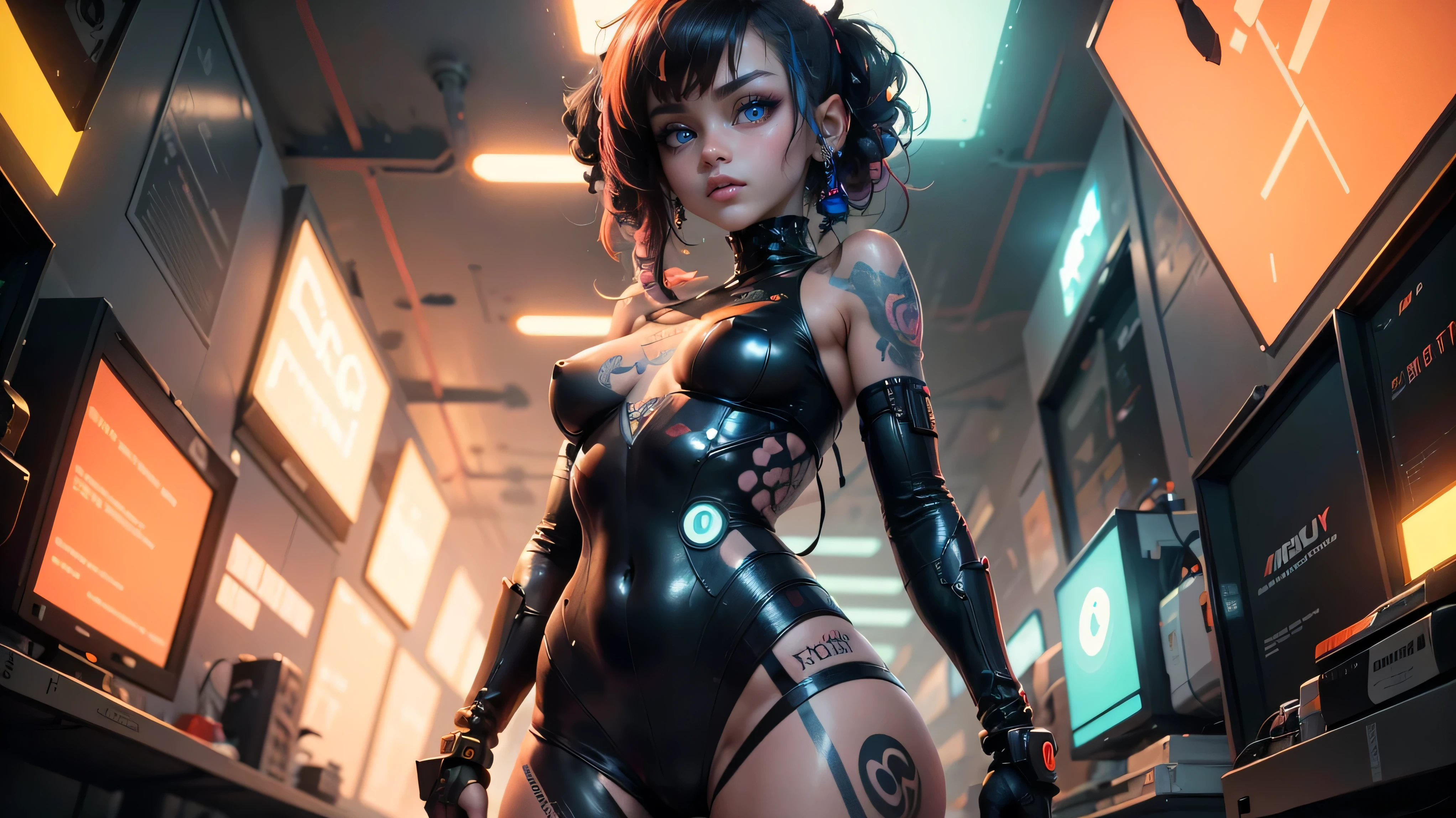 Extraordinary wide angle portrait, cute cyberpunk alien species, beautiful face, seductive, sexy, ((standing in front of futuristic background)), orange tech fashion, professional photography, tech style, 8K HD, Adorable, Cute Tattoos，Cute & Sexy，Body tattoos,