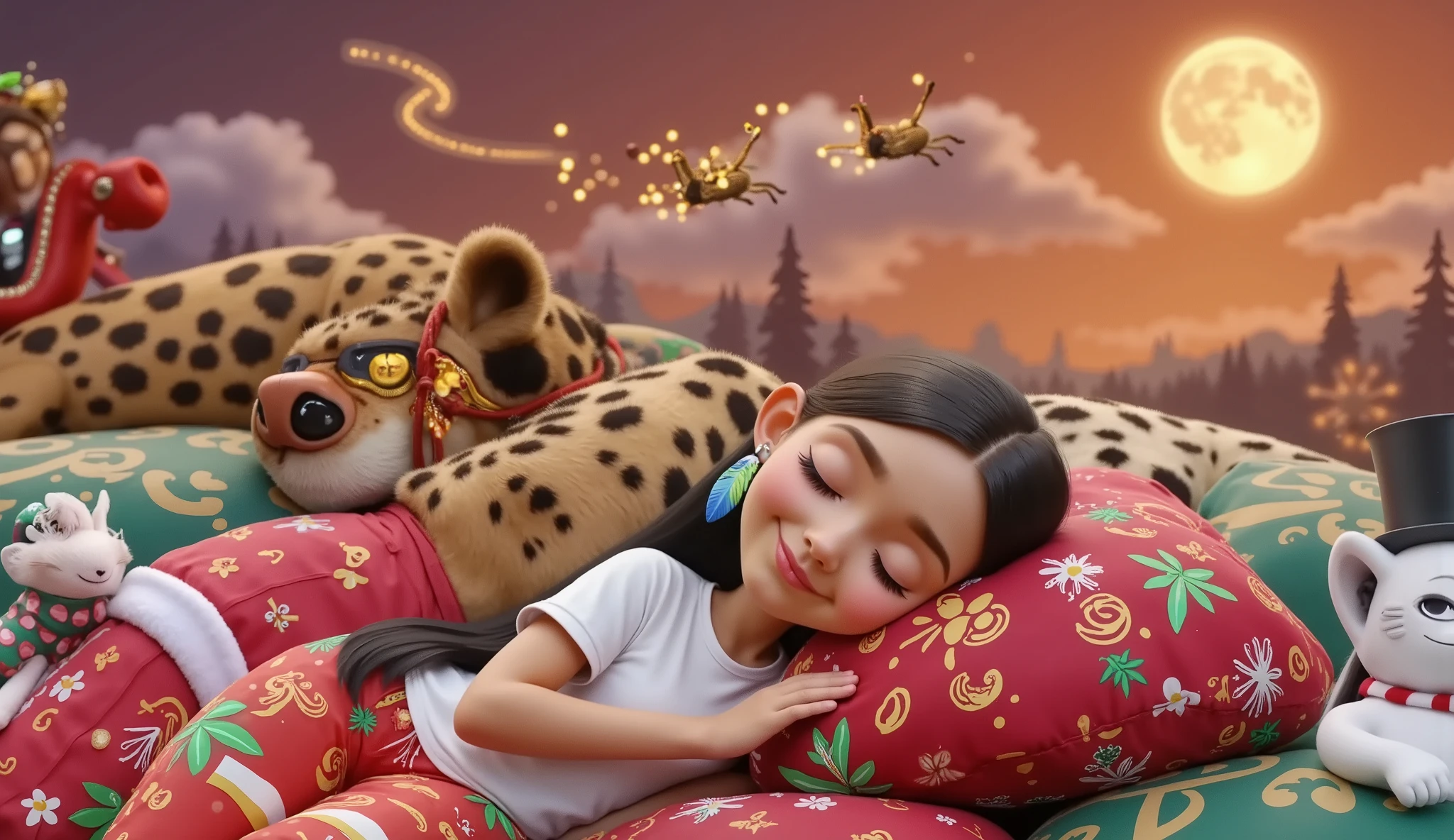 A touching and high resolution 3D illustration inspired by Disney Pixar art, featuring a cute boy and girl, lying down and surely asleep under the night sky. They are hugging each other, their faces resting gently on the soft cloud-shaped pillow, and smiling slightly. The boy has very light brown hair slightly curly, cut short on the sides, and tanned skin, while the girl has long, straight, black hair with a colorful feather earring and light brown skin of a Brazilian Indian, beautiful, sensual, attractive and provocative, . They wear white T-shirts and red pants adorned with Christmas motifs and white Christmas socks. The sky above them is bathed in an orange hue, with starry stars twinkling and a guiding star shining brightly. A full moon is eclipsed by the shadow of a flying sleigh that leaves a radiant trail in its wake. The scene exudes a vibrant, Christmassy feel in a breathtaking landscape, where they appear to sleep among white cumulonimbus clouds.