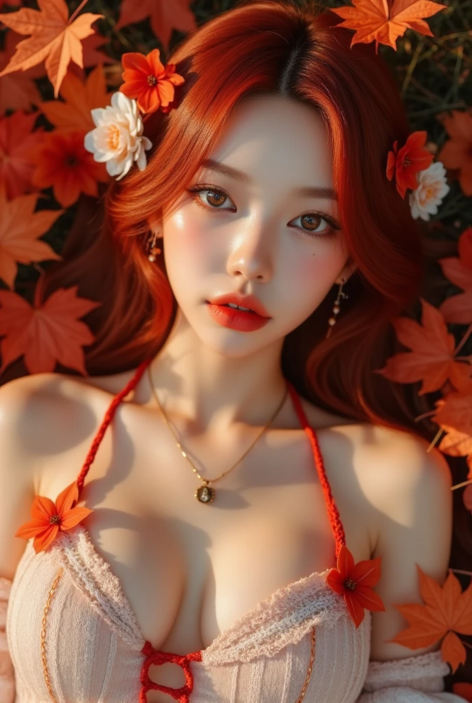 1 Girl, Solo, Looking at the Audience, Bangs, Closed Mouth, Red Hair, LR Mark, English Text, Lips, Eyelashes, Round Eyes, Red Theme,air, hair accessories, upper body, flowers, lying, parted lips, hair flowers,Ould, fuzzy, leaves, Red lips, autumn leaves, maple leaves, autumn,