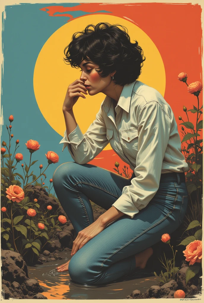 muted vivid colors, 70s abstract poster illustration, mid-aged woman in jeans and blouse,  indulging in a shameful fetishes with despair and ecstasy , sexy  in a sludge swamp pit , floral patterns and symbols, 