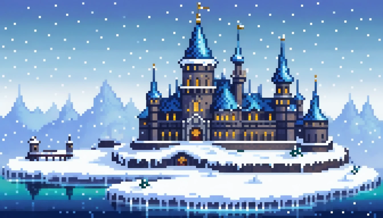 pixel art, icy kingdowm, a castle in a snowy day, lakes aside the castle