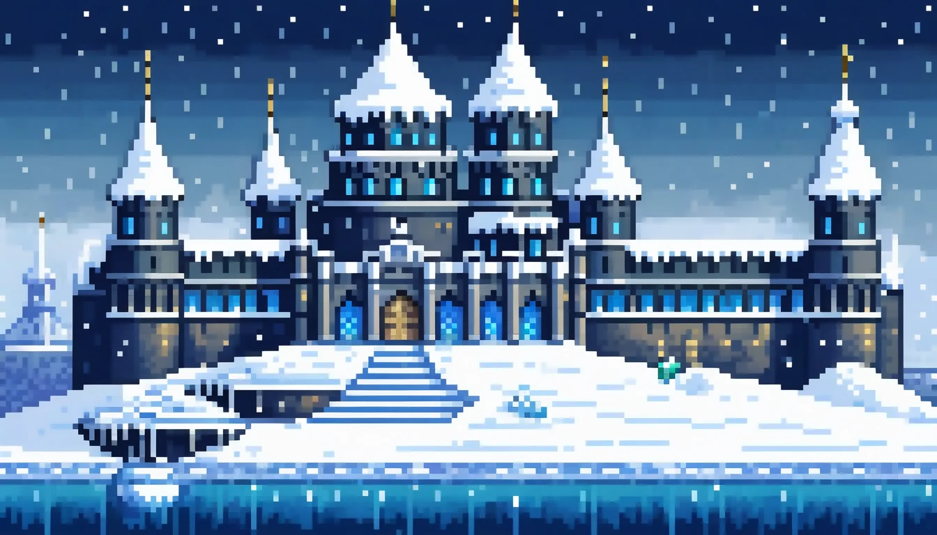 pixel art, icy kingdowm, a castle in a snowy day, lakes aside the castle